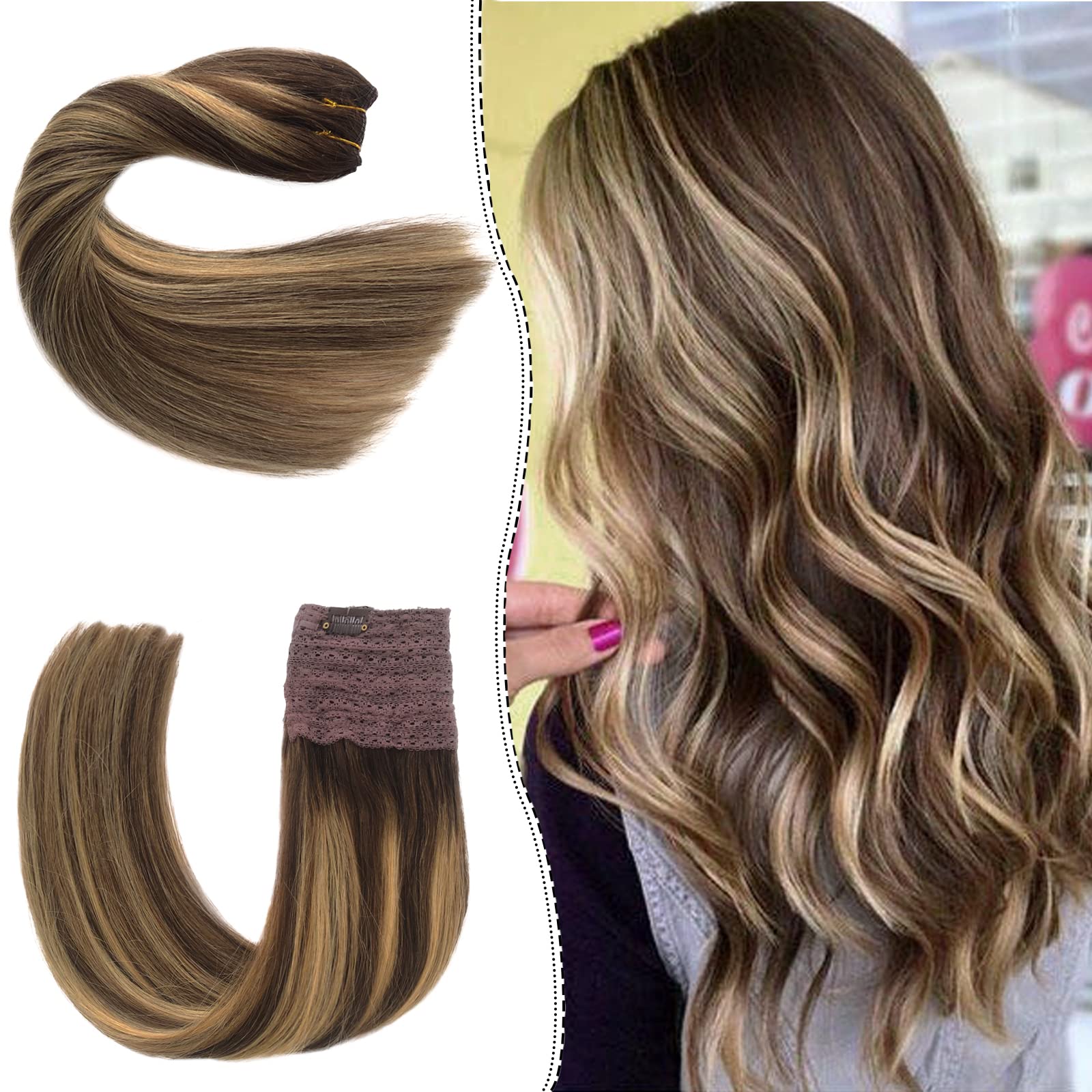 OiMiGO 20 Inch Human Hair Extensions with Invisible Fish Wire - Adjustable Size 100g Medium Brown Mix Caramel Blonde Balayage Highlights | Perfect for Daily Styling, Parties & Special Occasions