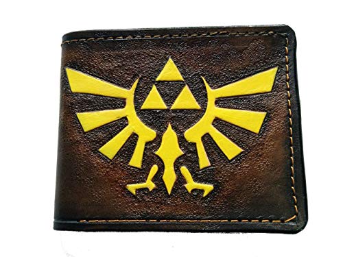 The Legend of Zelda Triforce Hyrule Crest Men's 3D Genuine Leather Bifold Wallet - Handmade Carved & Tooled Airbrush Art Custom Personalized Gift for Gamers & Collectors - Perfect for Everyday Use, Cosplay & Gaming Conventions
