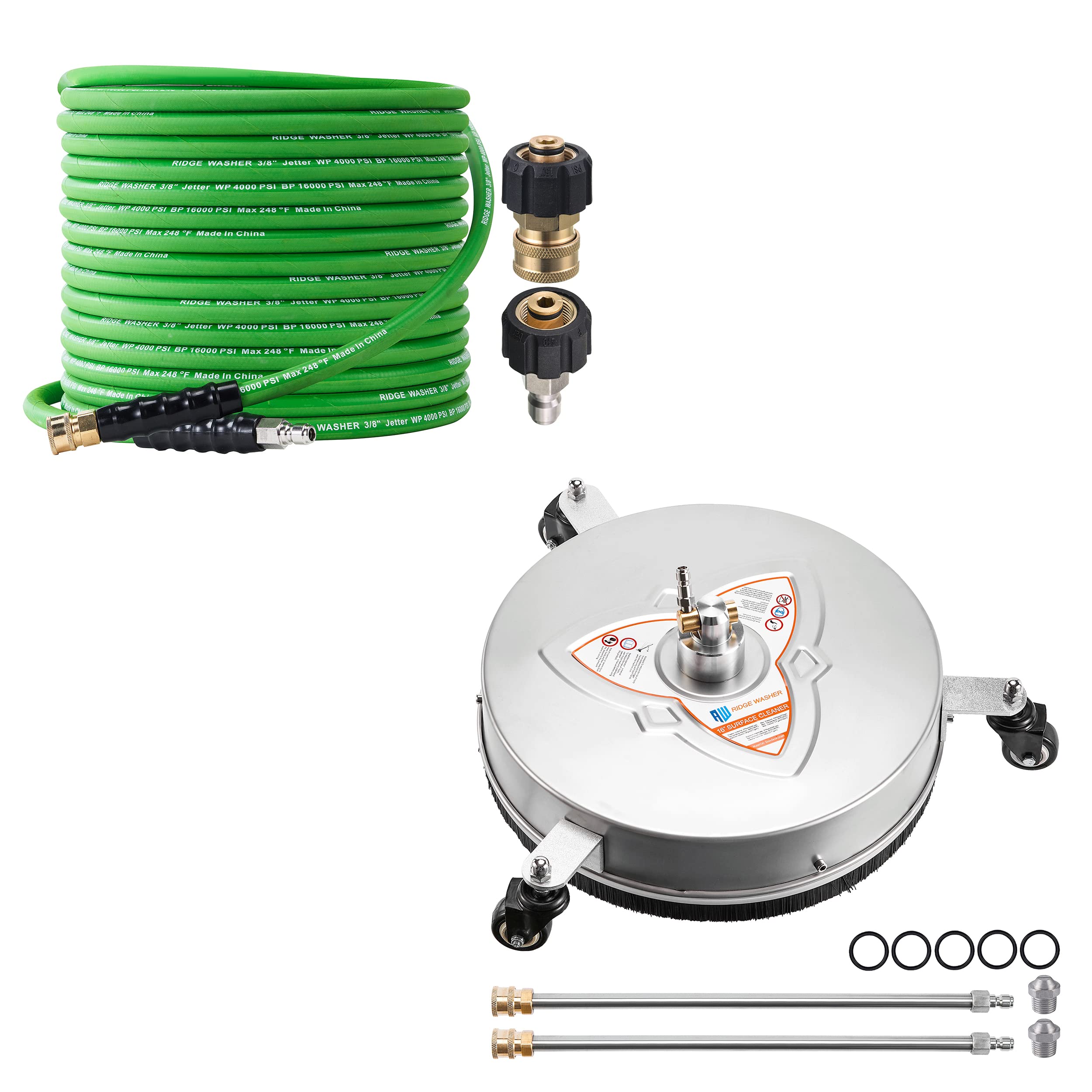 RIDGE WASHER Kink Resistant 50 FT X 3/8'' Pressure Washer Hose for Hot & Cold Water - 16 Inch Surface Cleaner with Wheels - Ideal for Driveway, Deck, and Patio Cleaning