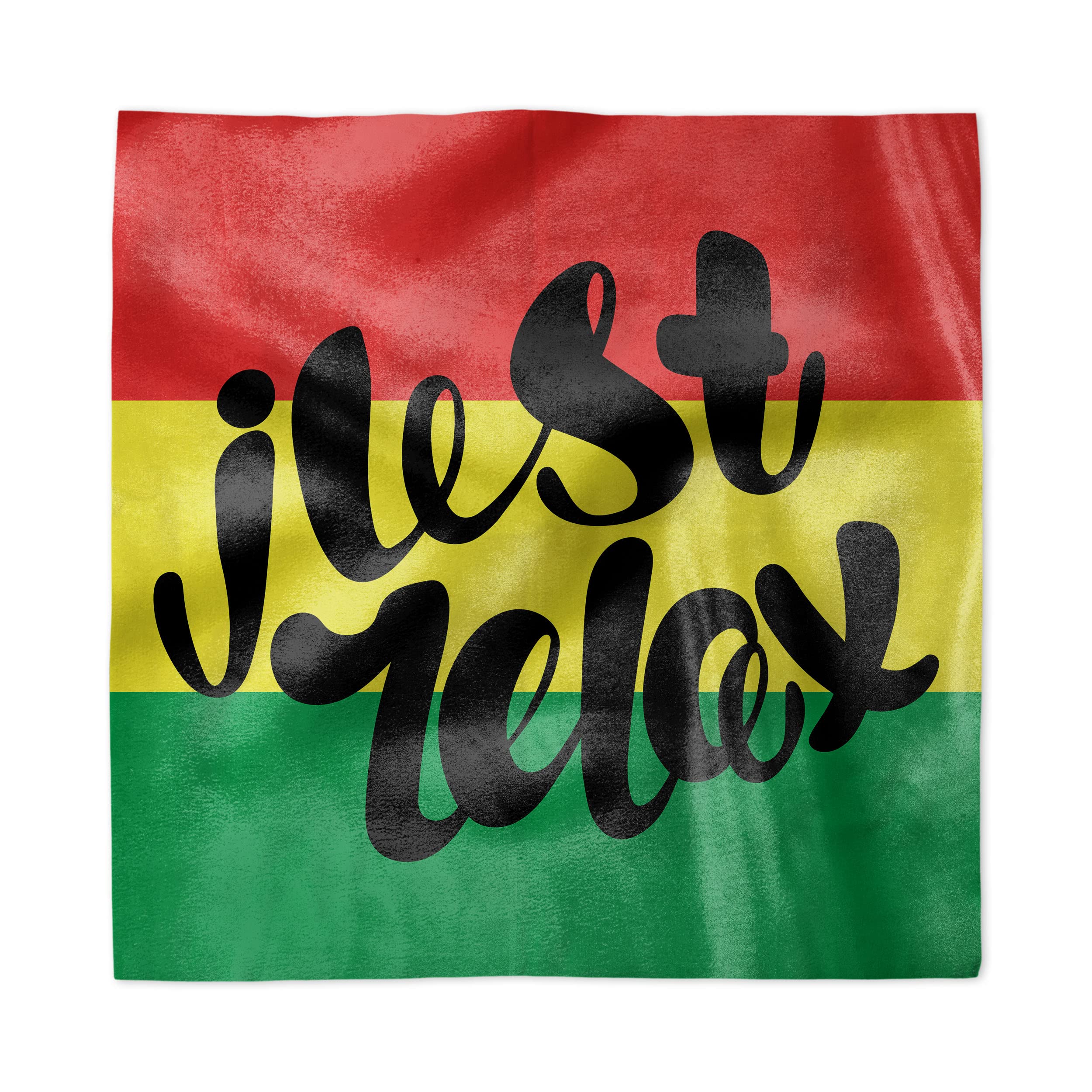 Ambesonne Just Relax Decorative Napkins Set of 4 - Rastafarian Design with Inspirational Message on Vibrant Vermilion, Yellow & Green Stripes - 12x12 Inch Satin Fabric Napkins for Brunch, Dinner Parties & Buffet Events - Perfect for Jamaican-Themed Gatherings, Reggae Parties & Boho Home Decor
