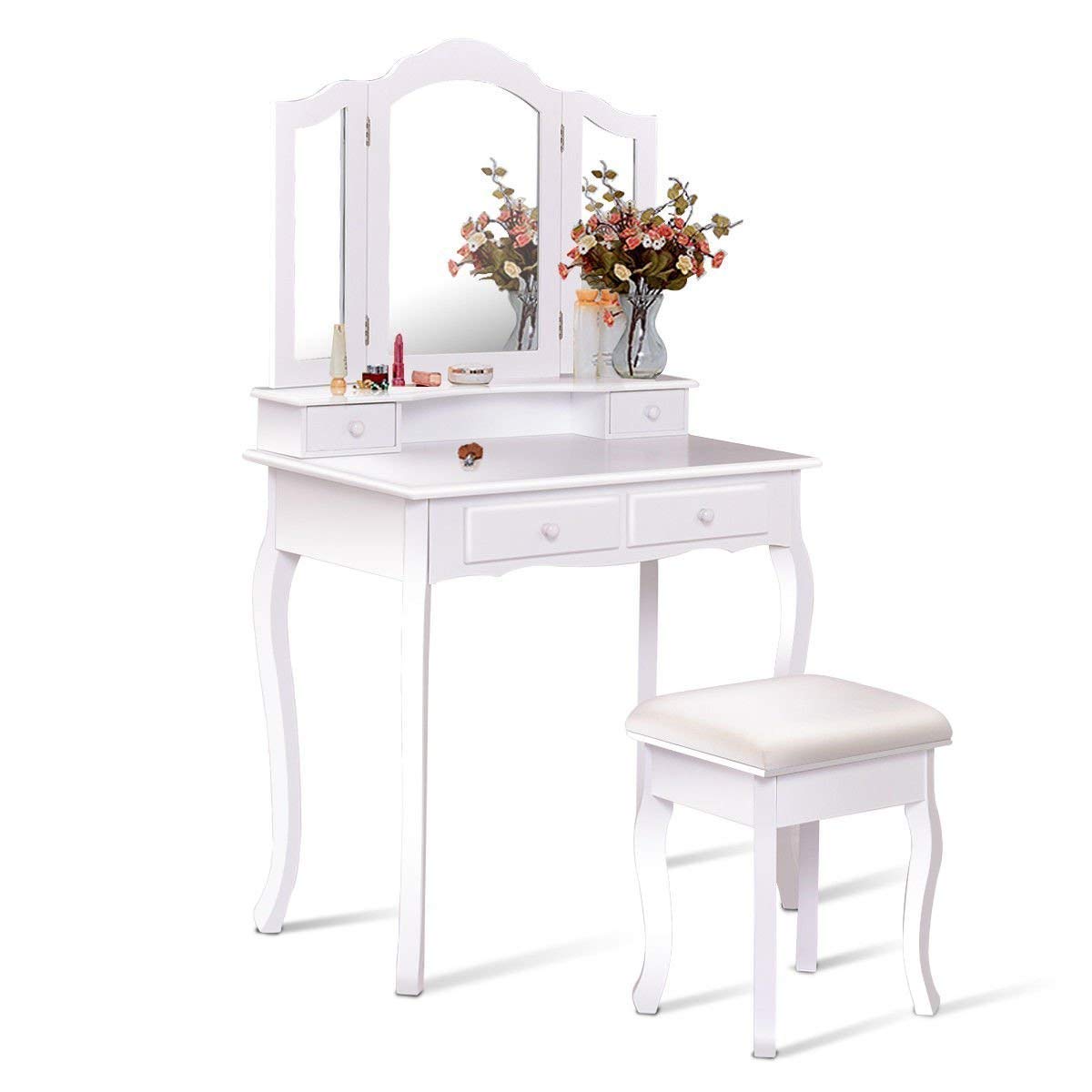 Casart White Bathroom Vanity Set with Tri-Folding Mirror & Bench - 4 Drawer Dressing Table Makeup Vanity for Bedroom, Bathroom & Home Decor - Perfect for Makeup Application & Jewelry Organization