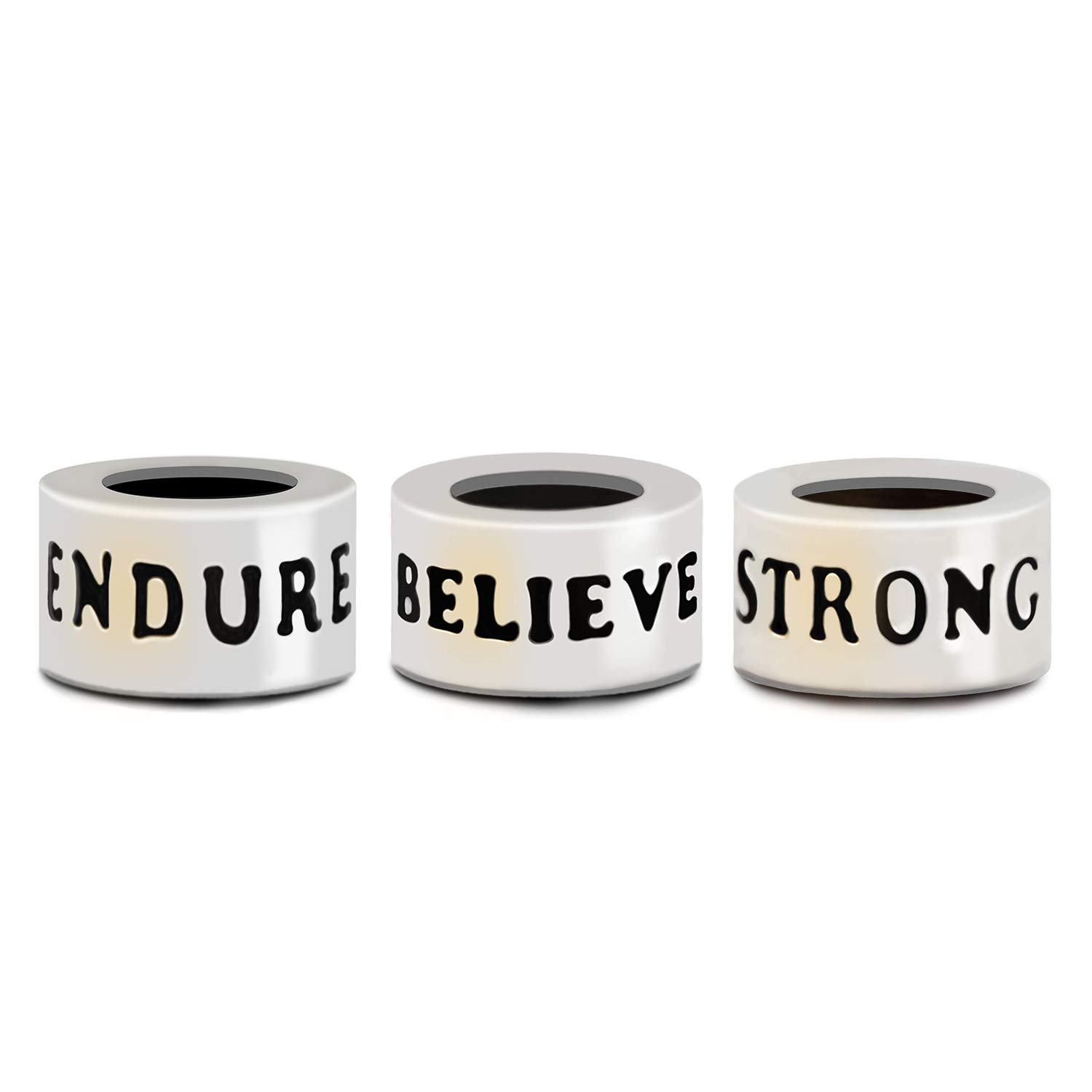Believe Strong Endure Sterling Silver Bead Charm - 925 Silver Inspirational Jewelry for Snake Chain Bracelet - Motivational Gift for Women, Yoga & Meditation Accessory