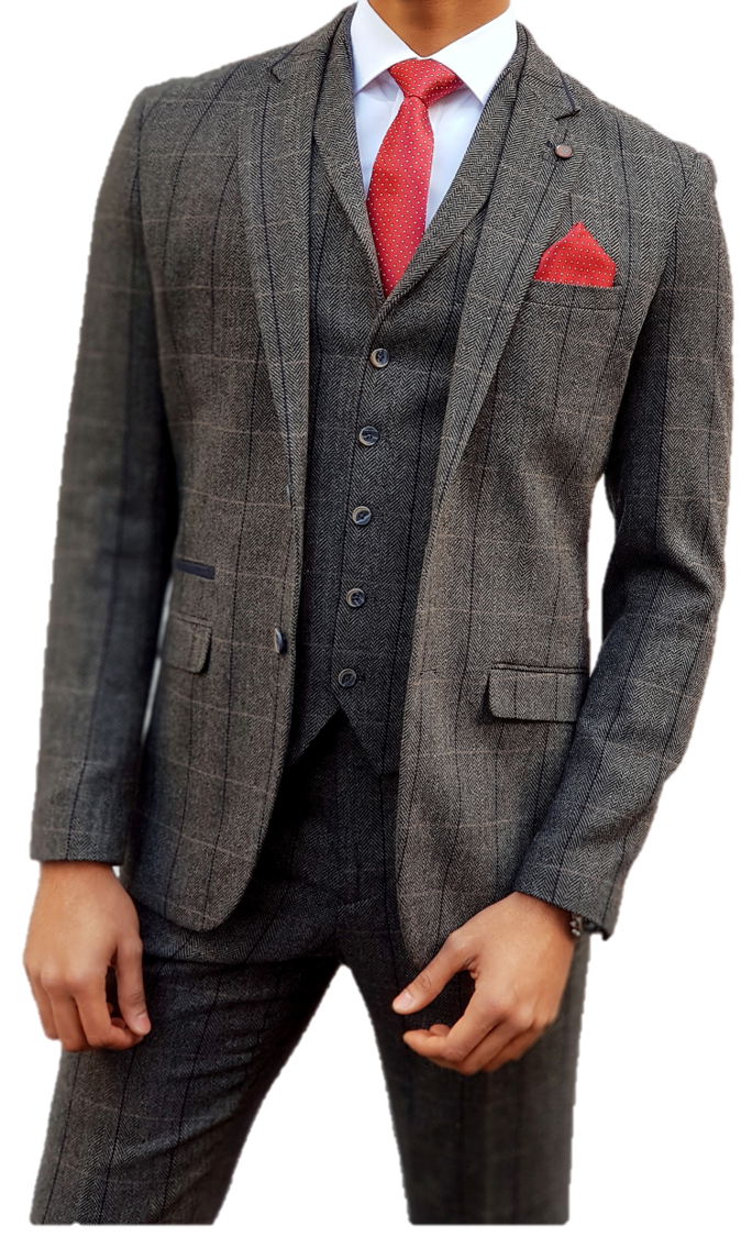 House of Cavani Grey Tweed 3-Piece Slim Fit Suit for Men | Formal Business Attire, Wedding & Special Occasions