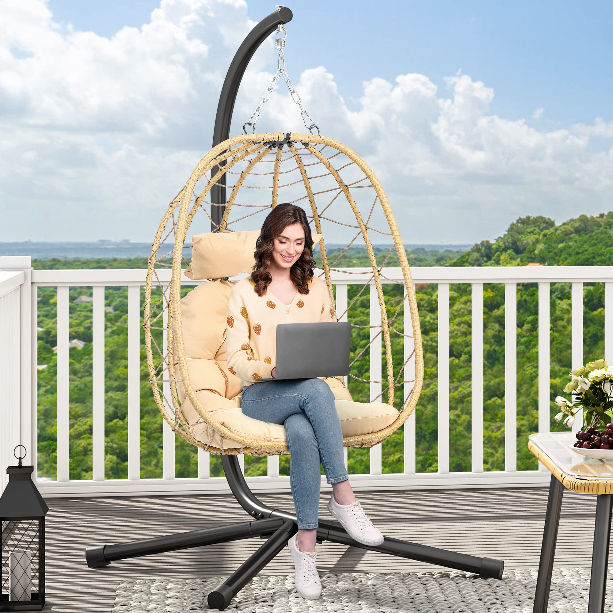 YITAHOME Hanging Egg Chair with Stand - 330lbs Capacity Wicker Swing Chair for Indoor & Outdoor Use - Includes Cushions for Patio, Bedroom, Garden, Balcony - Perfect for Relaxing, Reading & Lounging (Beige)