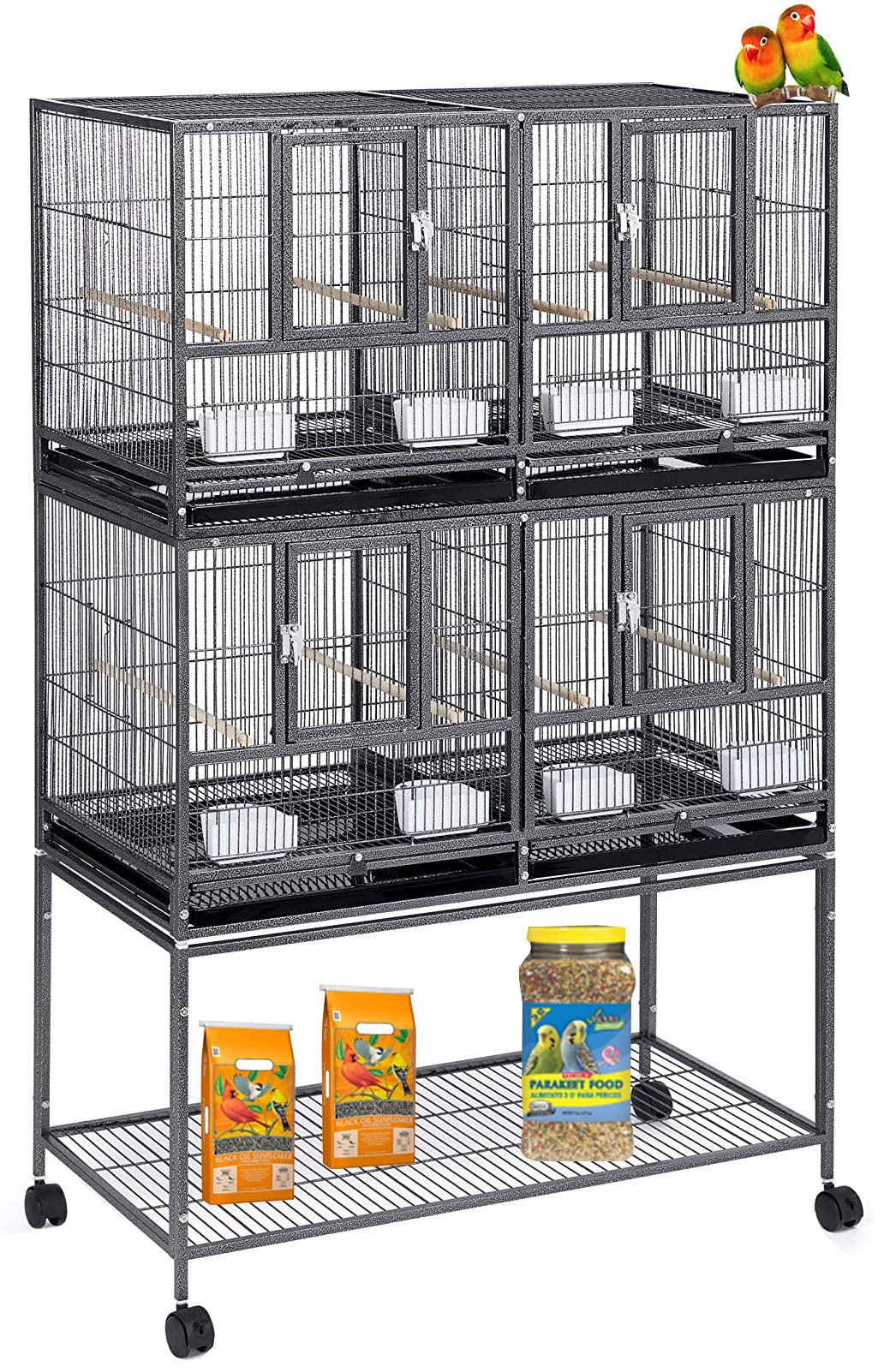Double Stack Bird Breeding Cage with Side Nest Door - Black Vein Flight Cage for Parrots, Canaries & Finches | Combo Breeding Stacker Center Divided Breeder with Rolling Wheels | Ideal for Aviaries, Pet Stores & Home Bird Breeding