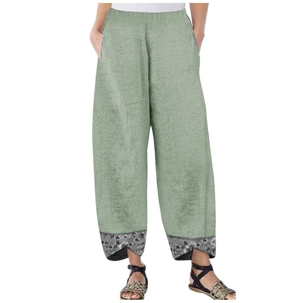 Women's Elastic Waist Loose Casual Pants - Cotton Linen Wide Leg Print Pants for Comfortable & Stylish Everyday Wear - Perfect for Work, Travel, and Relaxation