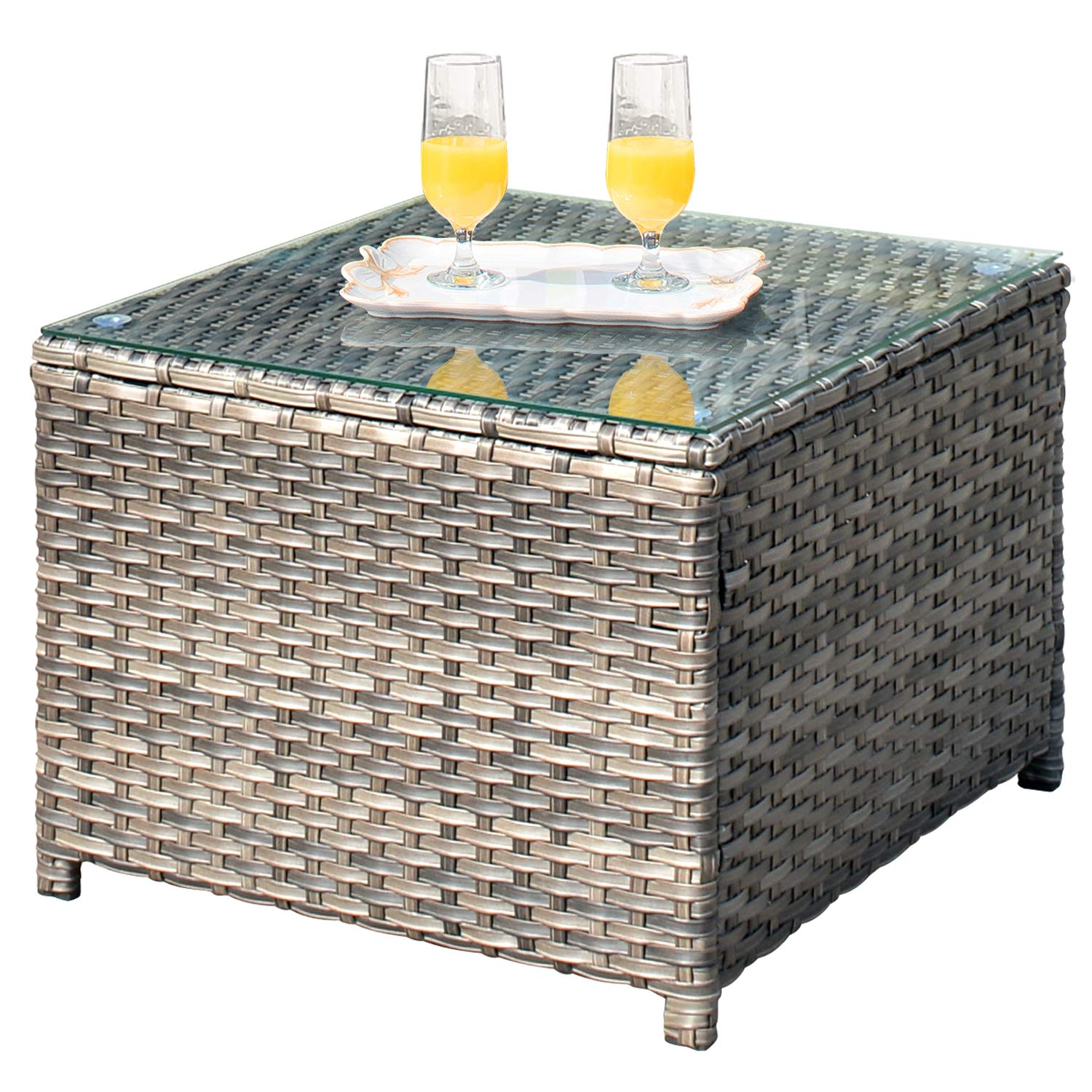 Ovios Outdoor Side Table with Tempered Glass Top - Wicker Patio Coffee Table & Rattan Bistro End Table for Porch, Deck, Balcony, Garden, Poolside - Grey | Perfect for Outdoor Lounging, Entertaining Guests, and Poolside Relaxation