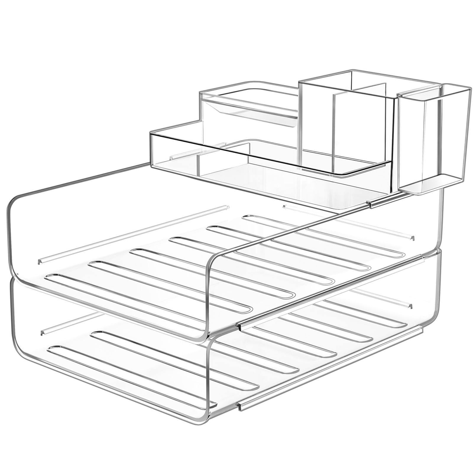Acrylic Stackable Desk File Organizer with 5-Grid Tray & Pencil Holder - Clear Paper Letter Tray for Office, School, Home - Perfect for Files, iPad, Mail, and Small Items Storage