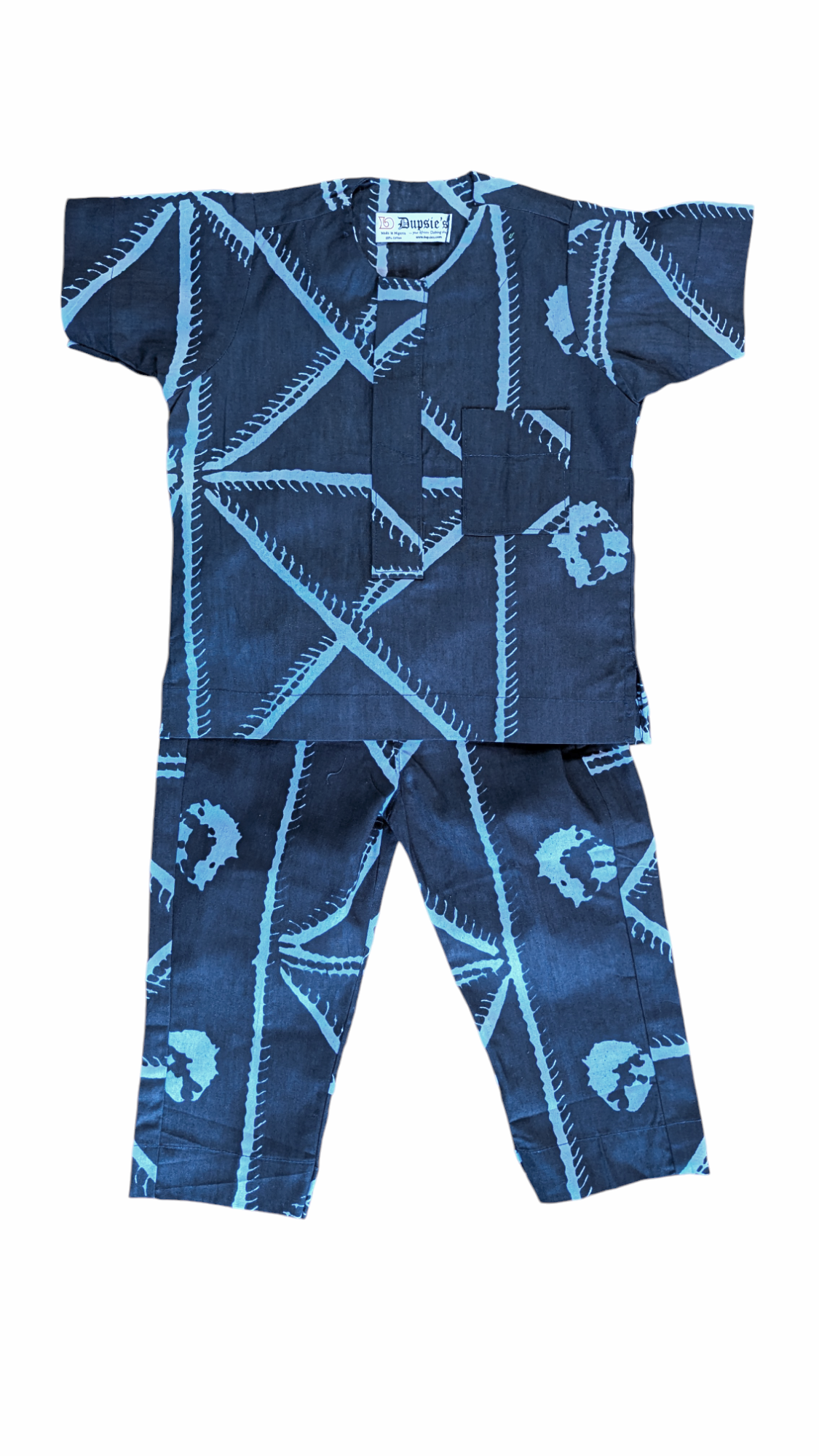 Iboko African Print Ankara Dashiki Set for Kids - Navy Blue & Light Blue Short Sleeve Shirt & Pants DPC9100TP | Traditional African Wear for Boys & Girls | Perfect for Cultural Events, Parties & Family Photos