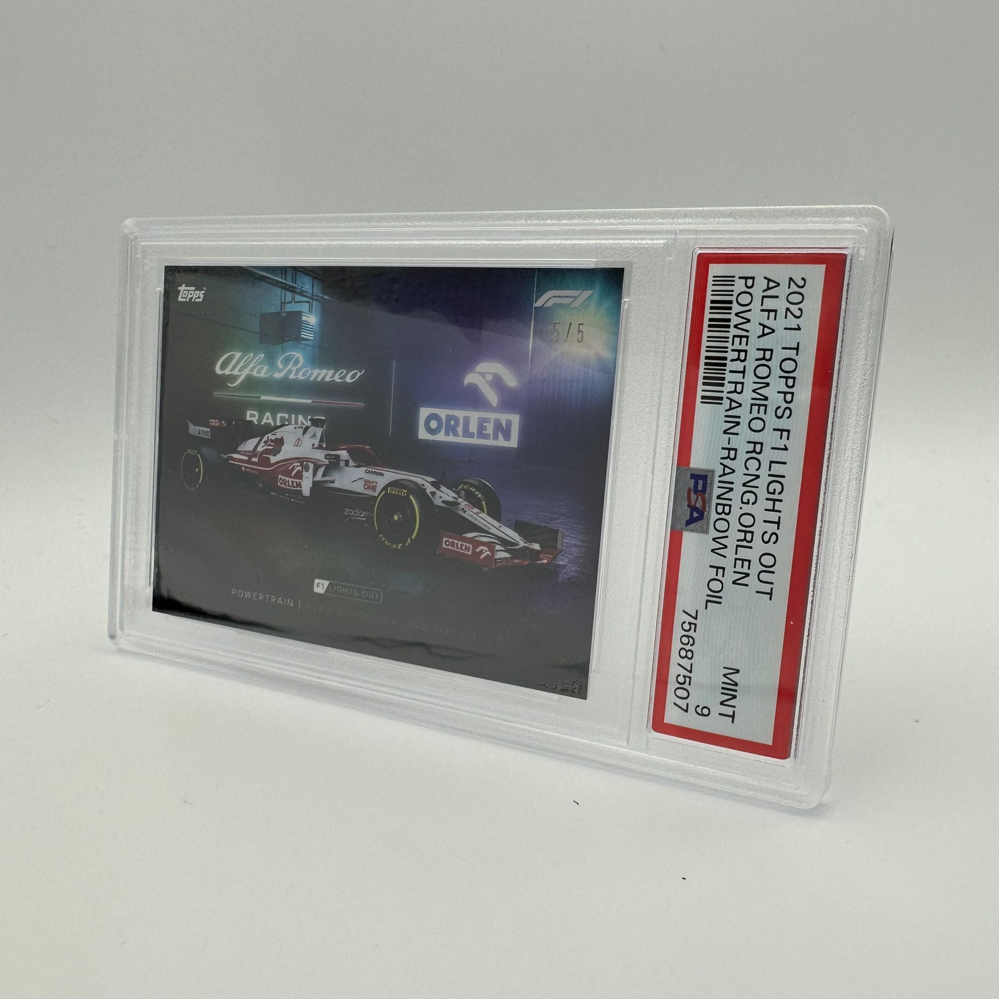 PSA 9 Graded 5/5 Alfa Romeo Powertrain Rainbow Foil Trading Card - Rare Collectible for Car Enthusiasts & TCG Players