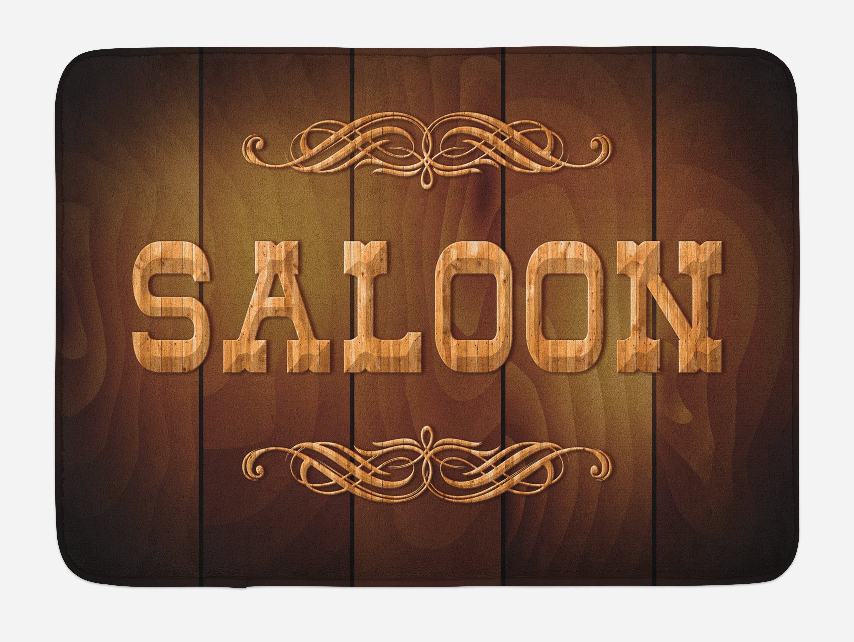 Lunarable Western Bath Mat - Non-Slip Plush Bathroom Rug with Classic American Bar Print, Wooden Sign & Curly Ornaments Design, 30.2x20 Inches, Brown Caramel - Perfect for Cowboy-Themed Bathrooms, Saloon Decor & Western Home Style