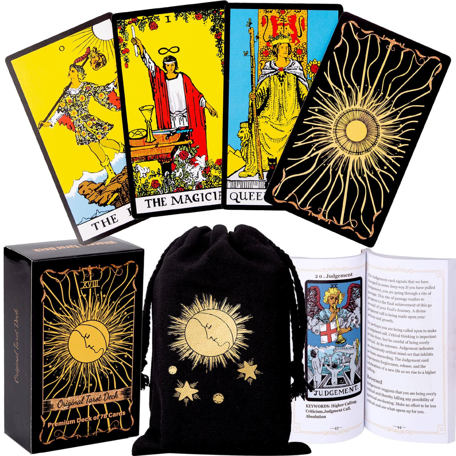 Vitacera Original Tarot Cards Deck with Guidebook & Linen Bag - Smith Classic Artwork, Standard Tarot Deck for Beginners to Advanced, Durable Divination Cards for Meditation, Self-Discovery & Spiritual Guidance