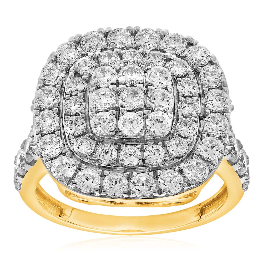 9ct Yellow Gold 3 Carat Diamond Cushion Cluster Ring for Women - Elegant Wedding, Engagement & Anniversary Jewelry Gift