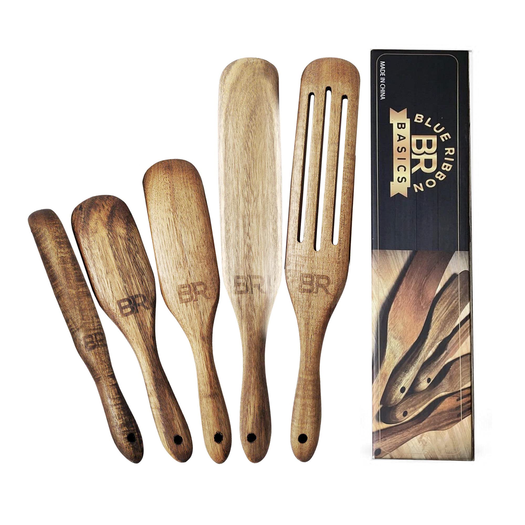 Premium Acacia Wood Spurtle Kitchen Set - 5-Piece Non-Stick Cooking Utensils with Holder for Mixing, Scooping & Spreading | Natural Wooden Spatulas & Whisks for Baking, Cooking & Meal Prep | Eco-Friendly Kitchen Tools for Home Chefs