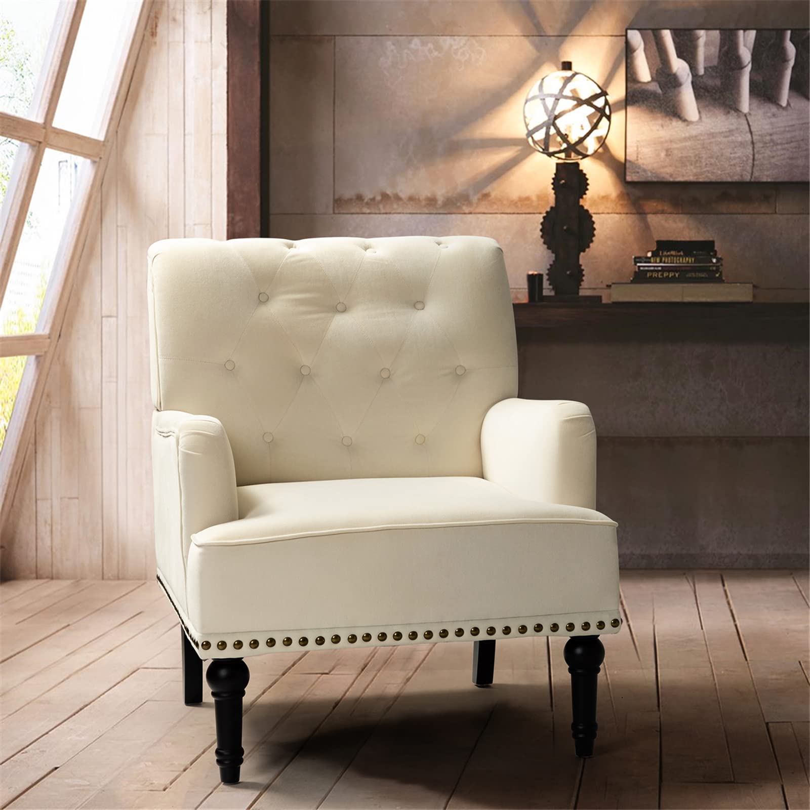 Modern Upholstered Armchair with Nailhead Trim - Ivory Accent Chair for Living Room, Office & Reception - Comfortable Lounge Chair with Armrests for Reading, Working & Relaxing
