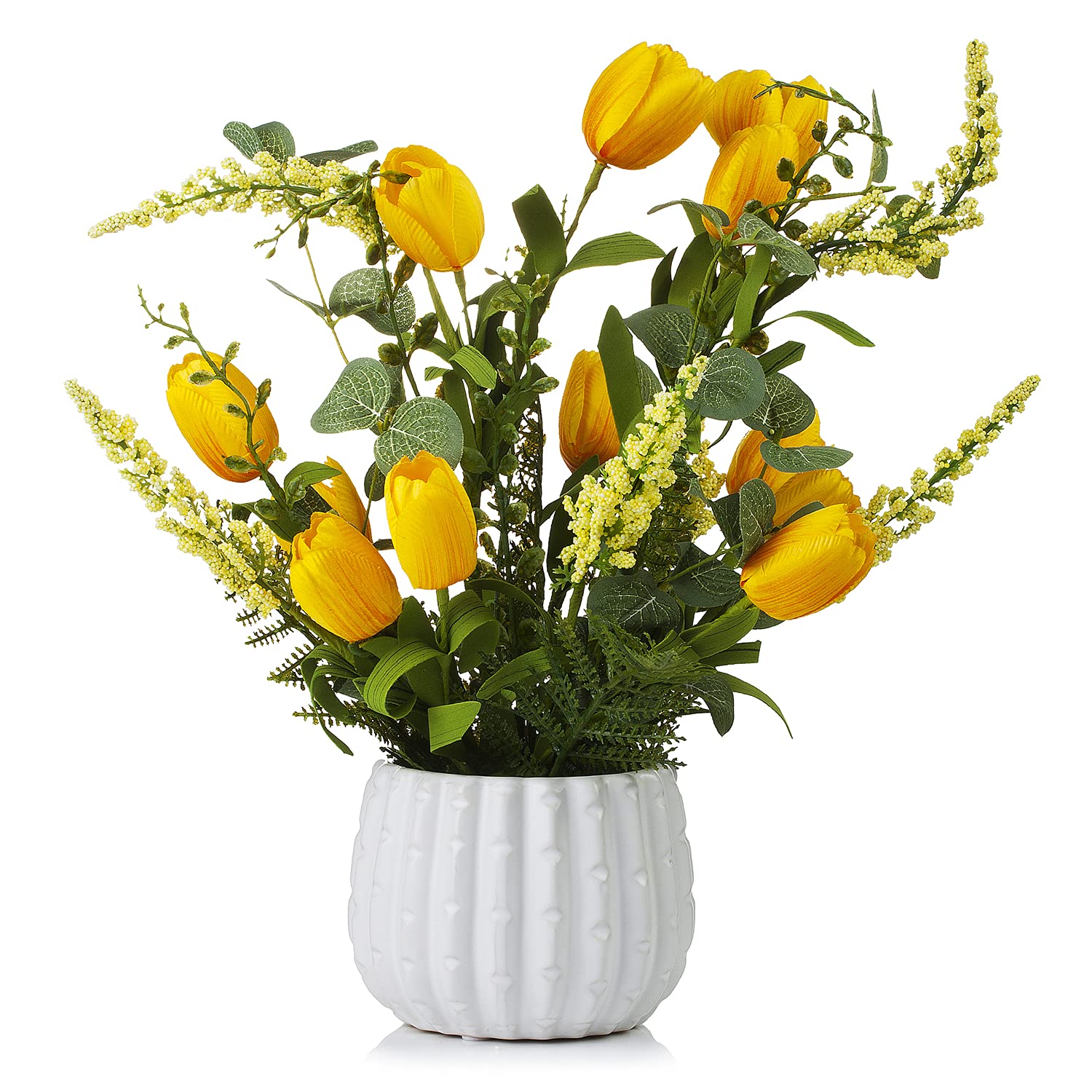 Enova Home Artificial Mixed Tulips Flower Arrangement in White Ceramic Pot - Faux Yellow Tulip Bouquet for Home Decor, Wedding Centerpieces, Office Desk & Table Decorations