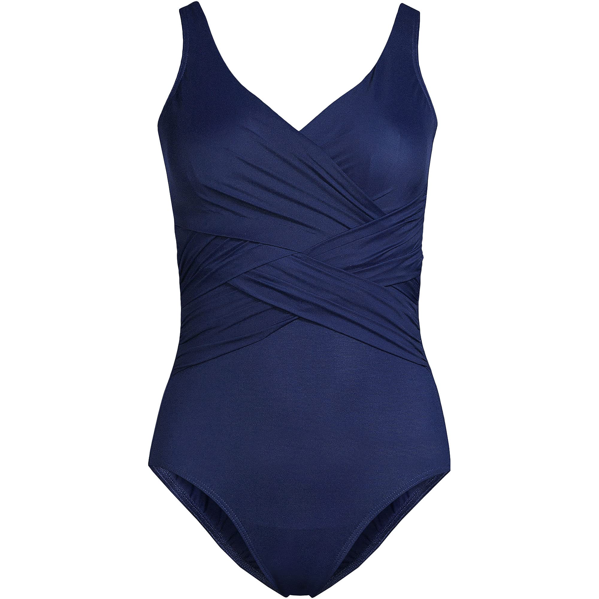 Lands' End Women's Tummy Control One Piece Swimsuit - Chlorine Resistant V-Neck Wrap Bathing Suit for Swimming, Beach & Vacation | SlenderSuit for Shapewear & Comfort