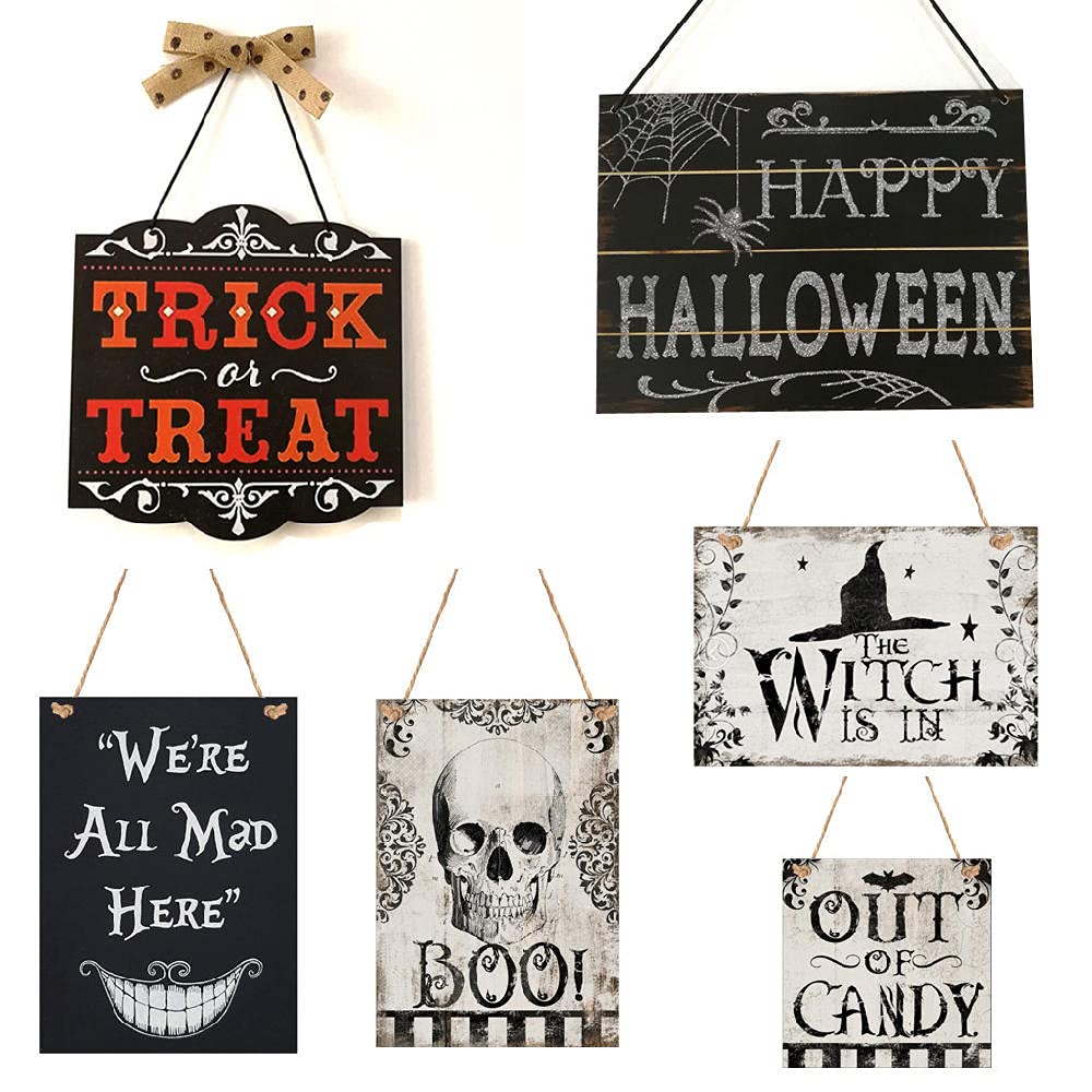 Happy Halloween Wooden Sign Set - 6PCS Halloween Door & Wall Hanging Decor with Hemp Ropes, Pumpkin & Haunted House Designs - Perfect for Home, Yard, Window & Party Decorations | Ideal for Halloween Parties, Haunted Houses & Seasonal Home Decor