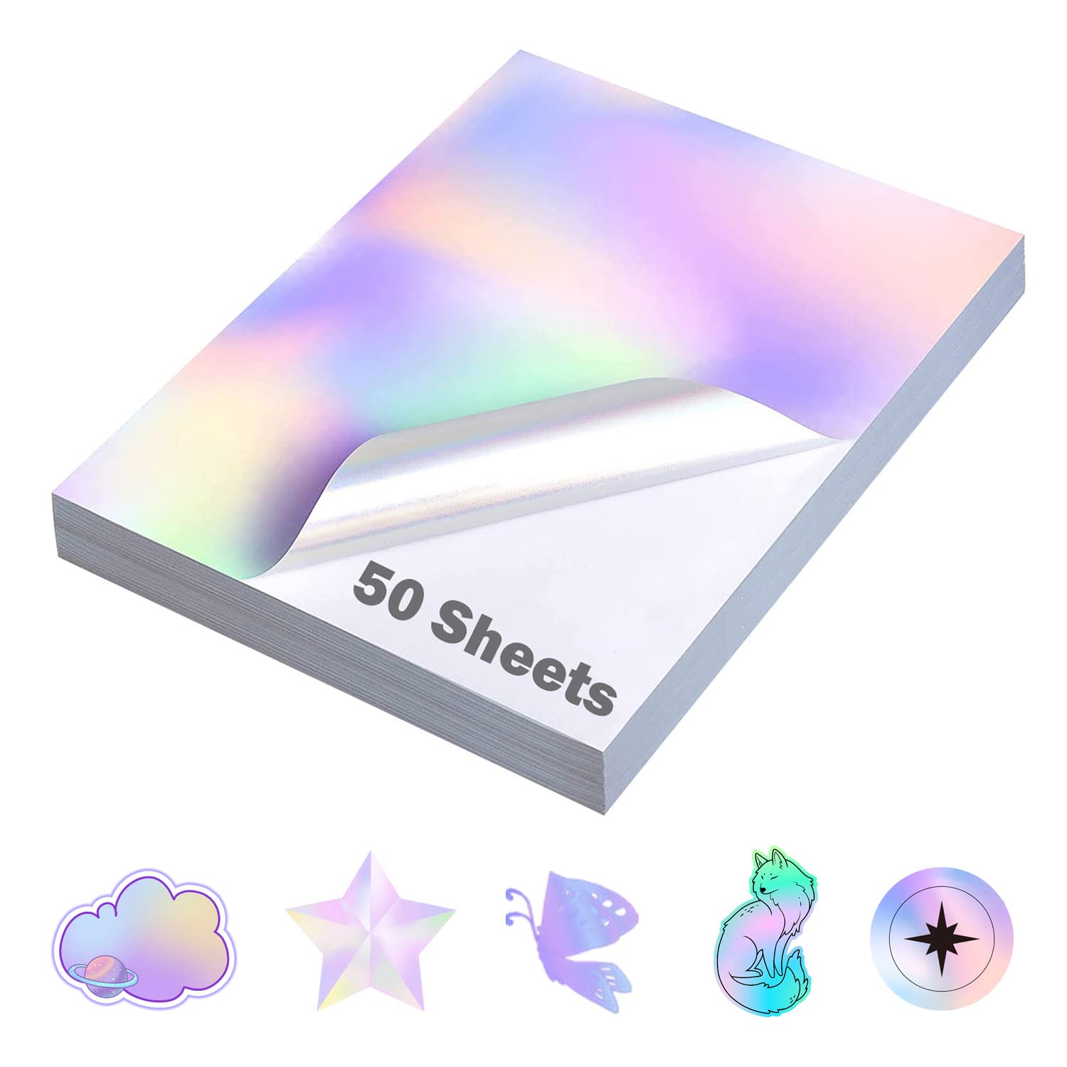 50 Sheets Holographic Sticker Paper 8.5x11 Inch - US Letter Size Printable Vinyl for Inkjet & Laser Printers - Waterproof Adhesive Rainbow Stickers for DIY Crafts, Scrapbooking & Decoration