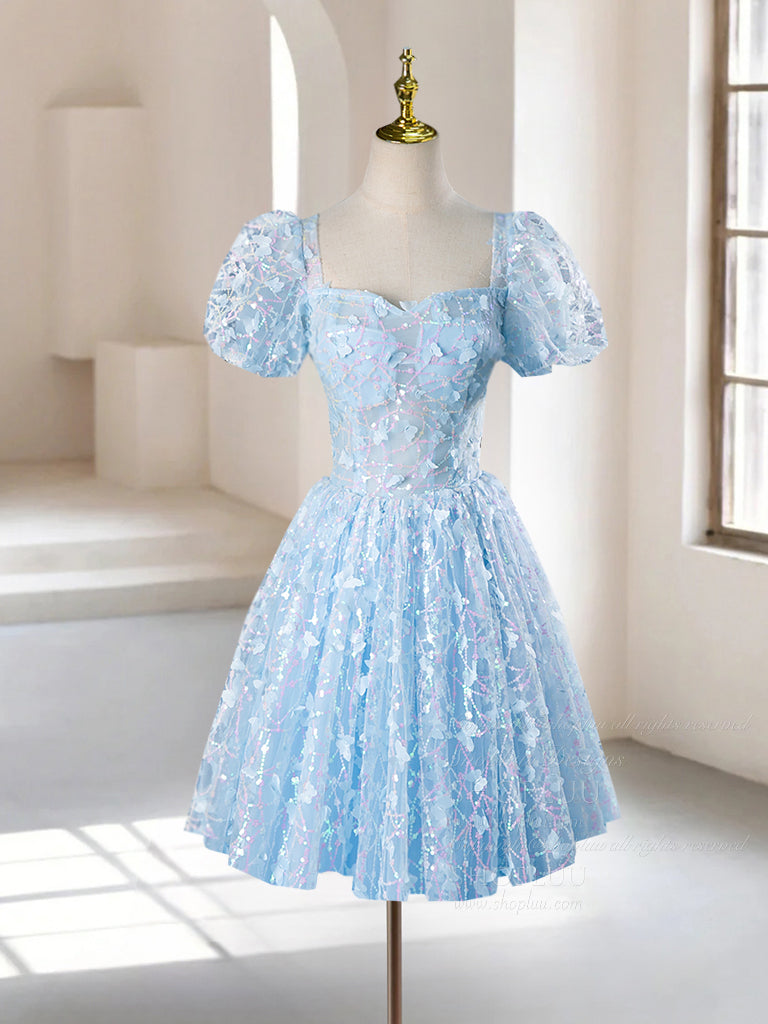 Elegant A-Line Puff Sleeves Tulle Lace Blue Short Prom Dress | Homecoming Party Dress | Perfect for Prom Night, Quinceañera & Special Occasions
