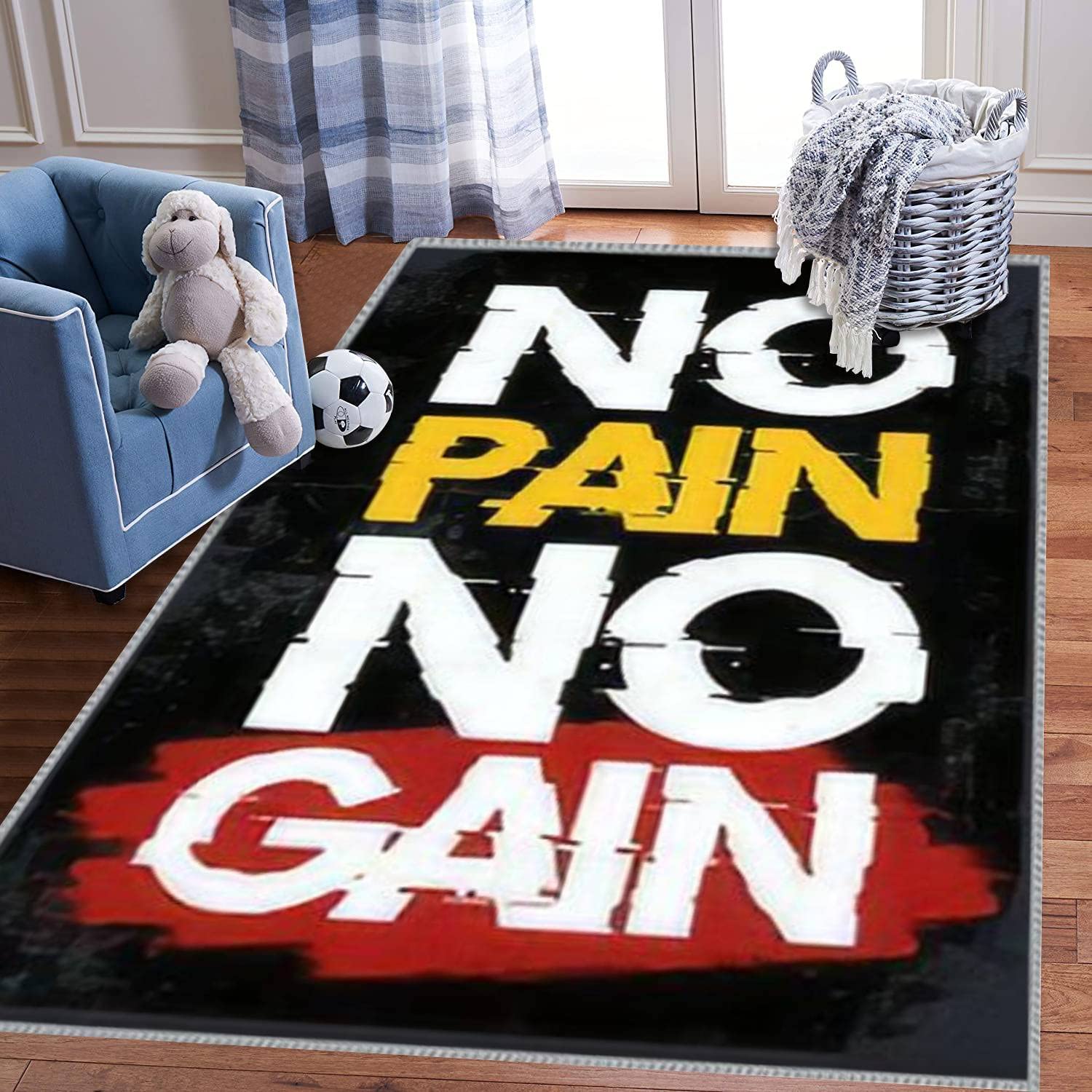 No Pain No Gain Gym Workout Motivation Quote 3D Carpet - Extra Large 5x8 ft Kids Play Area Rug for Bedroom, Playroom & Nursery - Non-Slip Soft Floor Mat for Boys & Girls Learning & Playing | Perfect for Home Gym Decor, Children's Activity Space & Playtime Safety