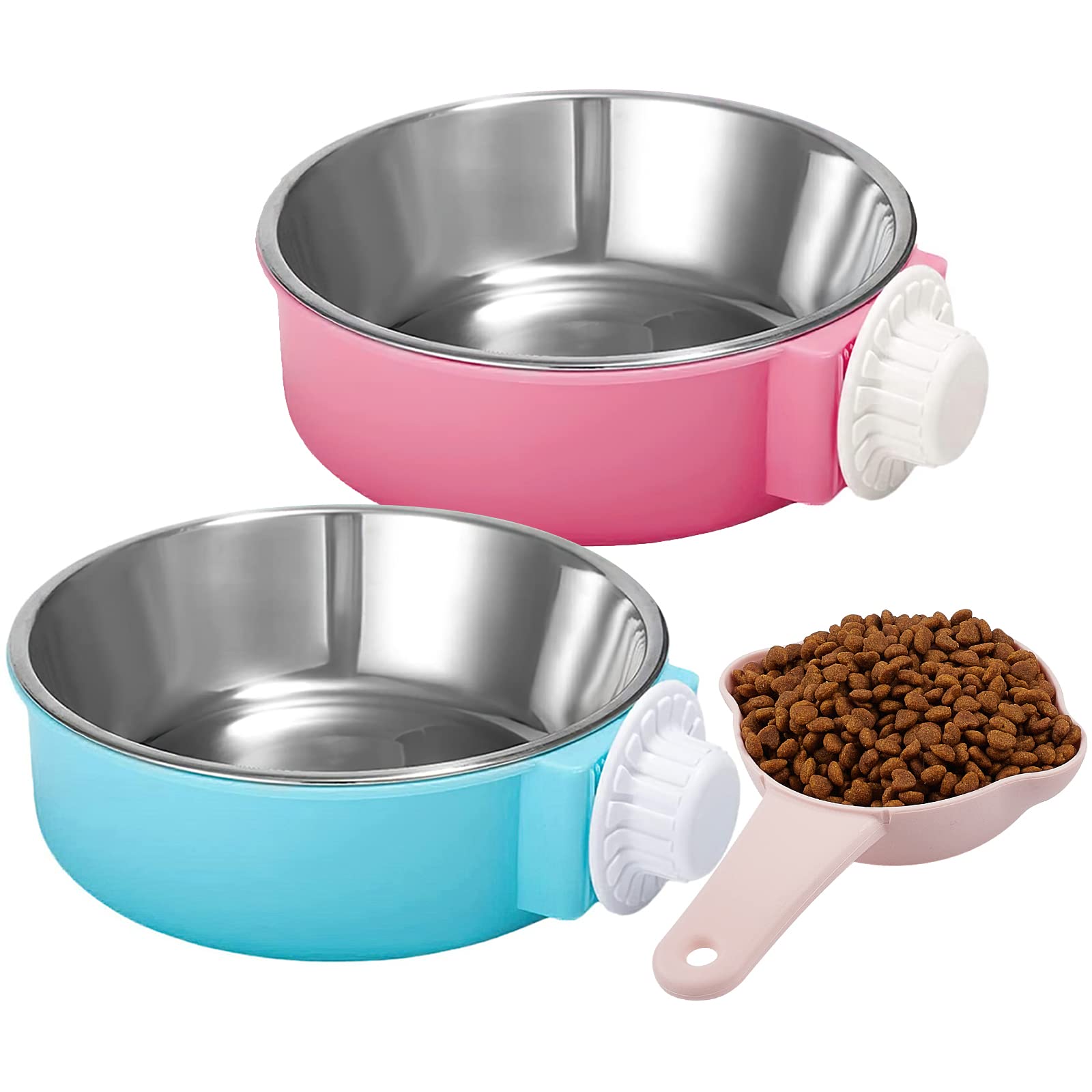 2 Pack Stainless Steel Hanging Dog Bowls for Kennel & Cage - Removable Food & Water Feeder with Scoop for Puppy & Adult Dogs (Blue + Pink) - Perfect for Travel, Camping & Indoor/Outdoor Use