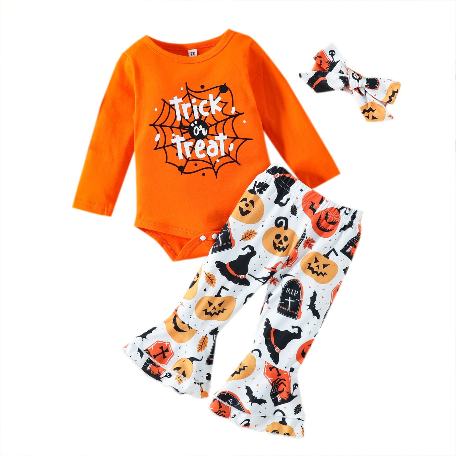 Newborn Baby Clothes Set 0-3 Months | Summer & Halloween Outfits for Girls & Boys | Long Sleeve Romper Bodysuits with Cartoon Prints, Flare Pants & Headbands | Perfect for Photoshoots, Parties & Everyday Wear