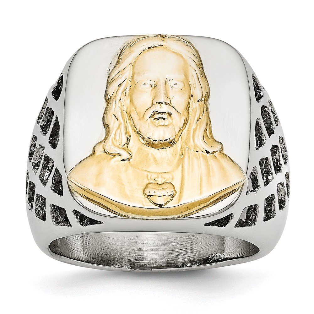 925 Sterling Silver Stainless Steel Jesus Yellow IP-Plated Ring Band - Size 9 - Religious Jewelry for Men & Women - Perfect for Church, Weddings & Daily Wear
