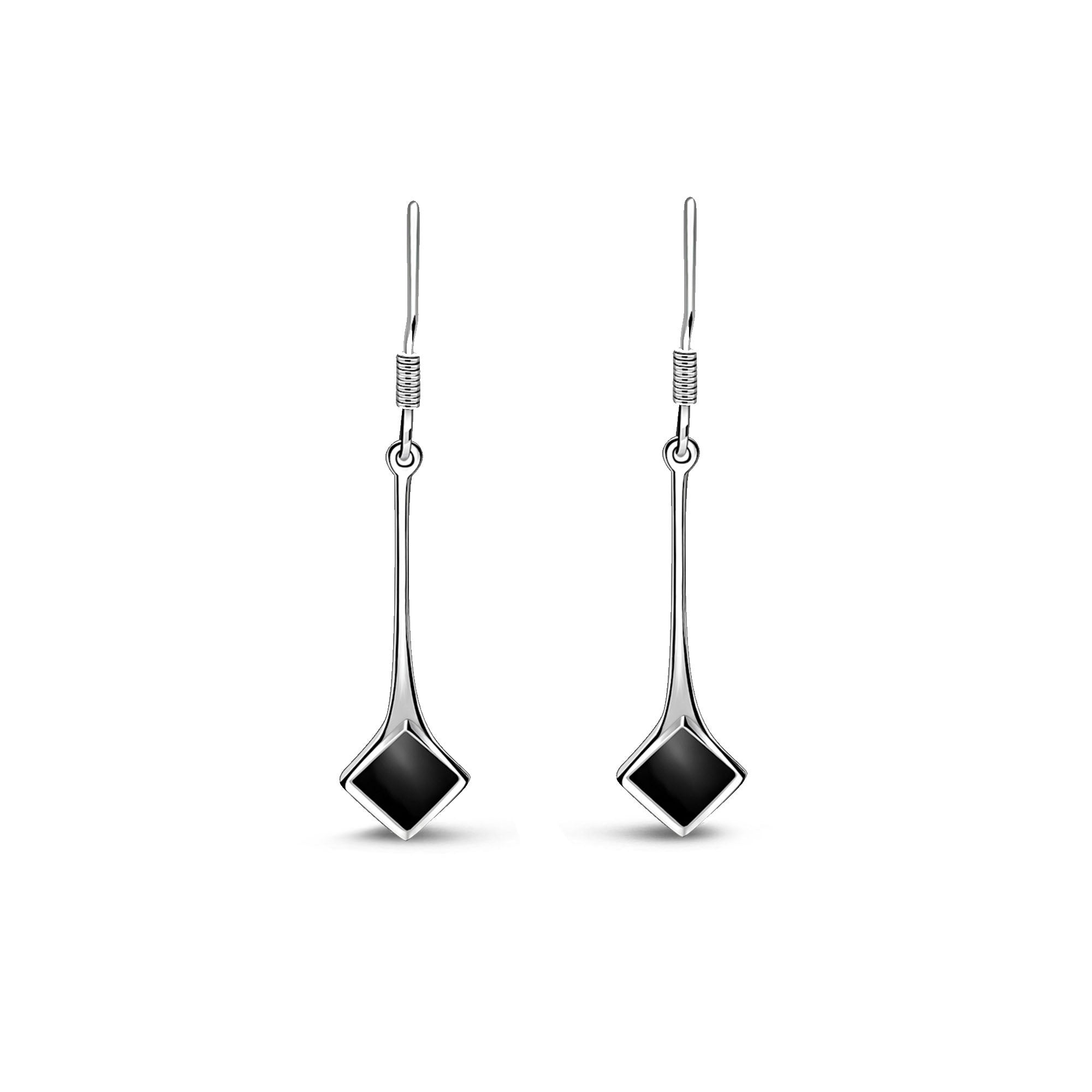 Sterling Silver Whitby Jet Square Long Drop Earrings for Women – Elegant Dangle Earrings for Parties, Weddings & Special Occasions