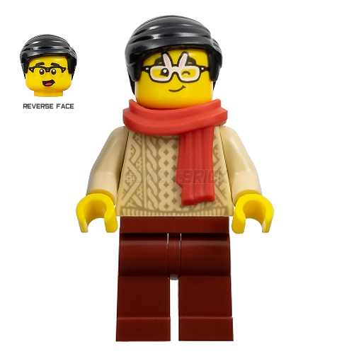 LEGO Minifigure Male with Red Scarf, Tan Sweater & Rabbit Glasses - Perfect for Collectors, DIY Scenes and Holiday Displays