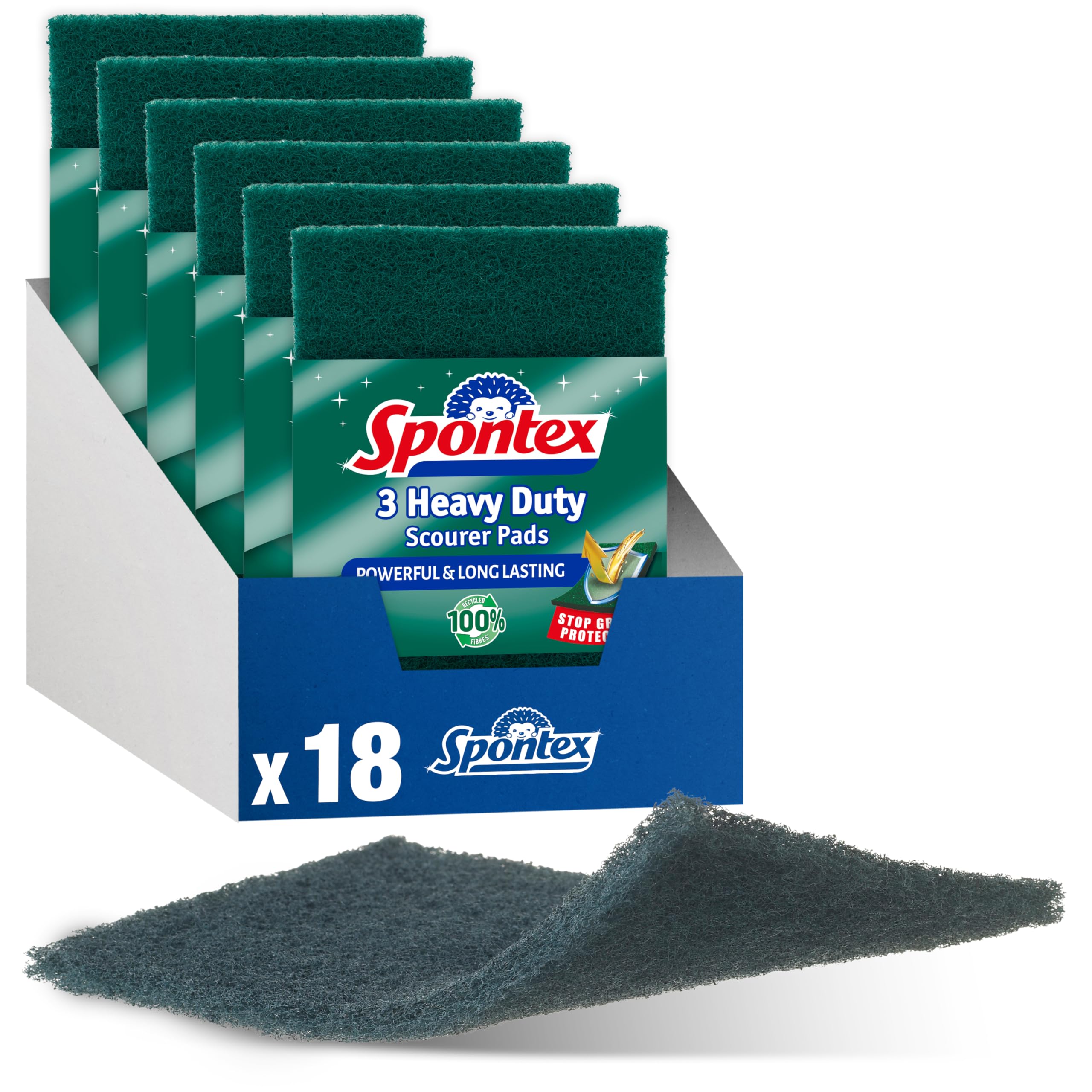 Heavy Duty Scourer Pads by Spontex - 18 Pack (6 Packs of 3) for Kitchen Cleaning, Dishwashing & Tough Stain Removal