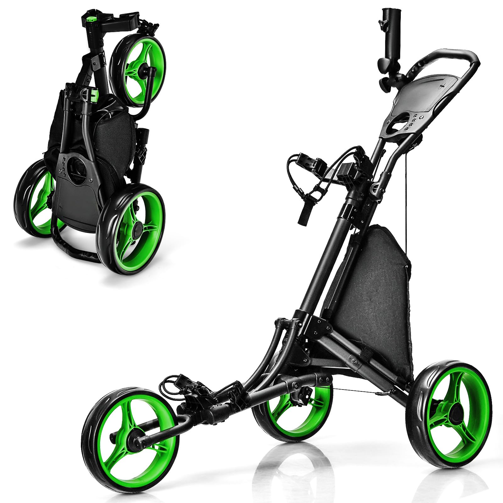 ULTIMATE 3 Wheel Golf Push Cart - Lightweight Aluminum Folding Golf Caddy with Elastic Strap, Umbrella Holder & Drink Pocket | Features Scorecard Storage, Insulated Cooler Bag, Adjustable Handle & Foot Brake | Perfect for Walking Golfers, Seniors & Course Practice