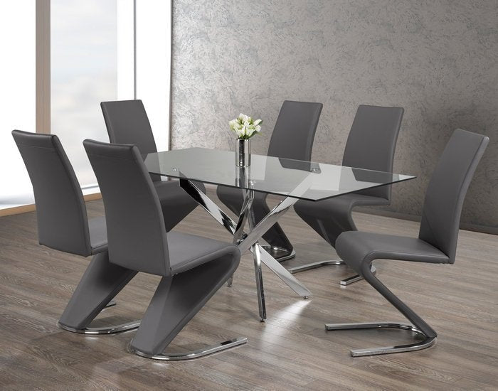 Modern Glass Dining Table with Swivel Chrome Legs & Gray 'Z' Shaped Chairs - 5-Piece Contemporary Dining Set for Small Spaces, Apartments, and Modern Kitchens