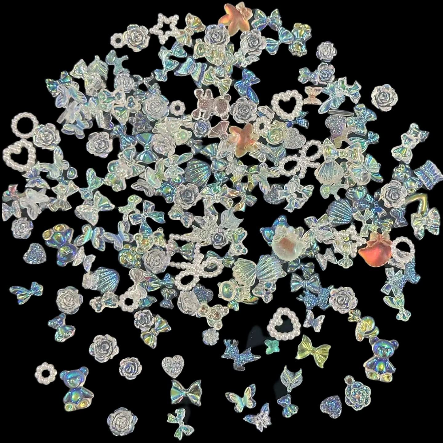 100 Pcs 3D Nail Art Charms Set - Aurora Bear Heart Bowknot Flower Rhinestone Decorations for Acrylic Nails | Perfect for DIY Manicures, Nail Salons & Party Nail Art Designs