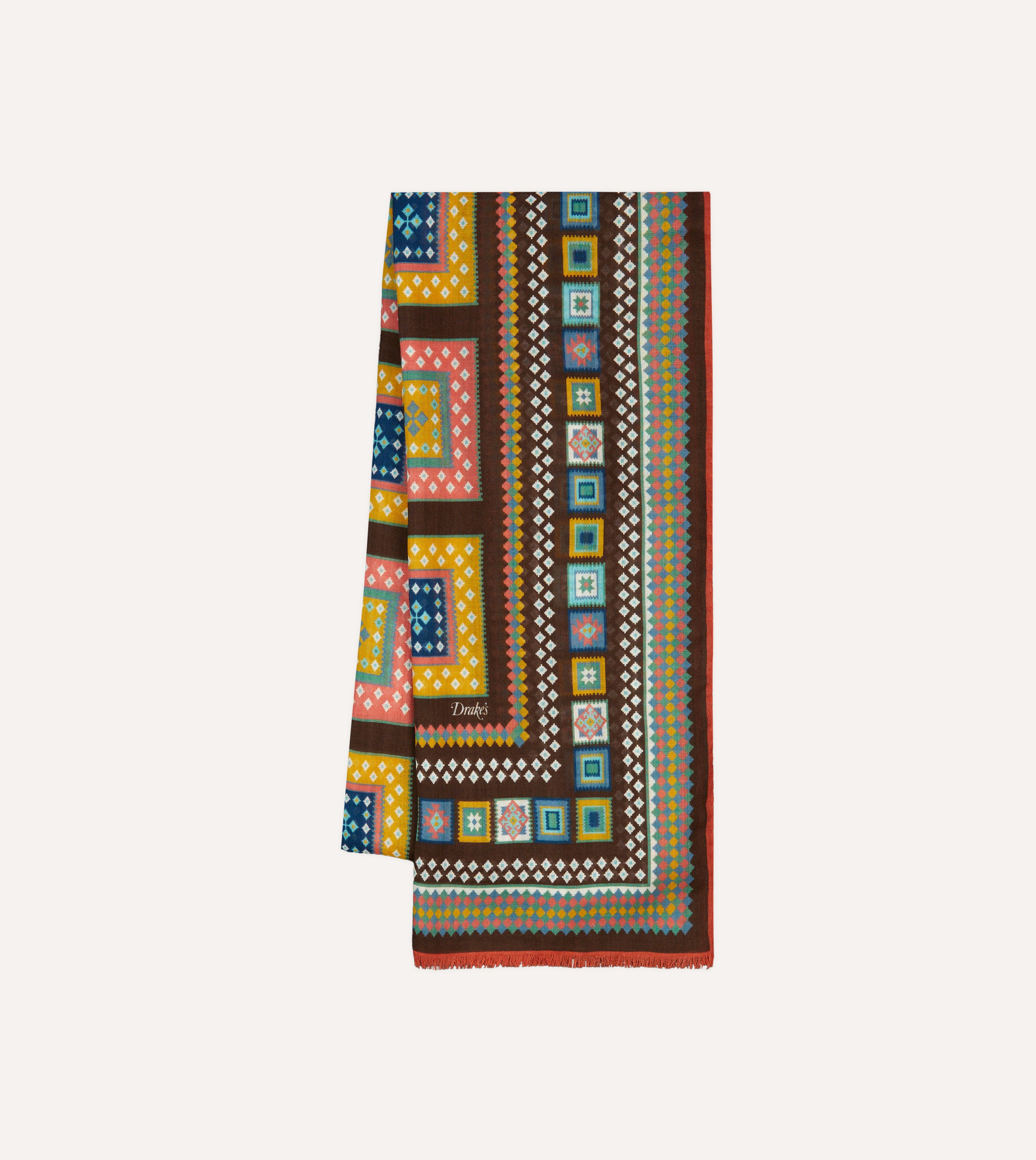 Brown Kelim Blocks Print Wool Silk Scarf - Elegant Winter Accessory for Women, Fashionable Shawl Wrap for Office, Party & Travel