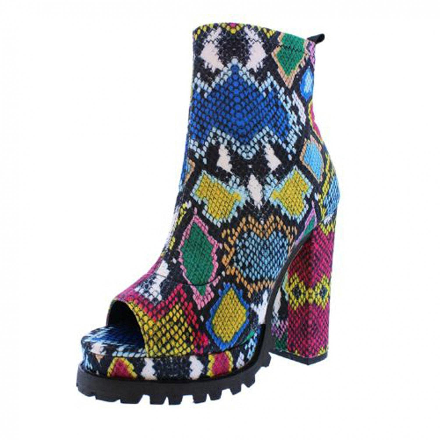 Women's Chunky Heel Peep-Toe Booties - Thick Platform Ankle Boots with Colorful Print | Casual Shoes for Jeans, Dresses & Skirts | Perfect for Fall Fashion, Date Nights & Office Wear