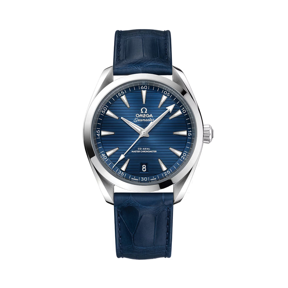 Omega Seamaster Aqua Terra 150M Co-Axial Master Chronometer 41mm Blue Dial Men's Watch with Leather Strap - Luxury Dress Watch for Business, Formal Events & Everyday Wear