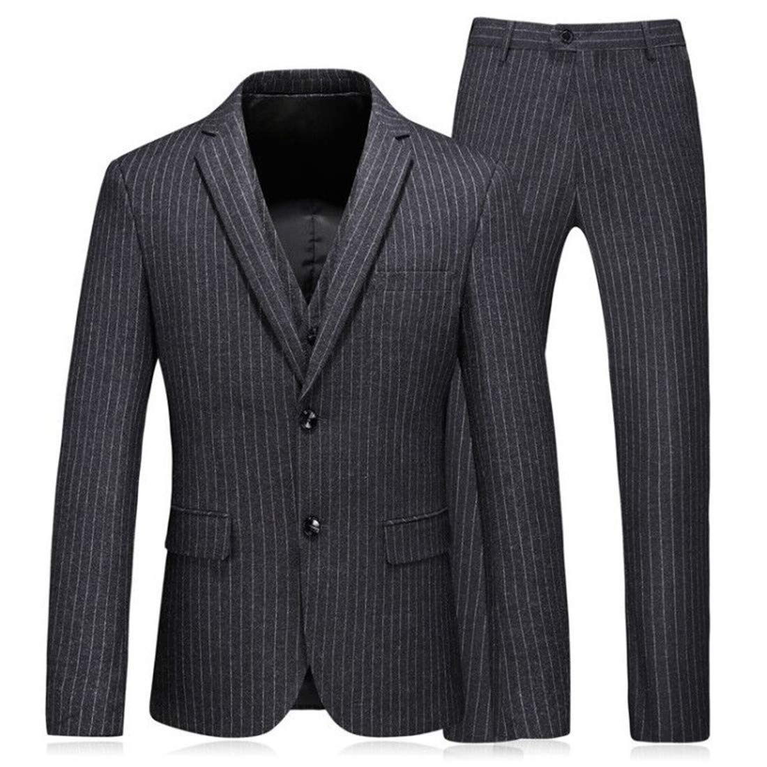Men's Dark Grey Slim Fit Pinstripe Double Breasted 3-Piece Tuxedo Suit with Jacket, Vest & Pants - Formal Wedding, Prom, Black Tie Events