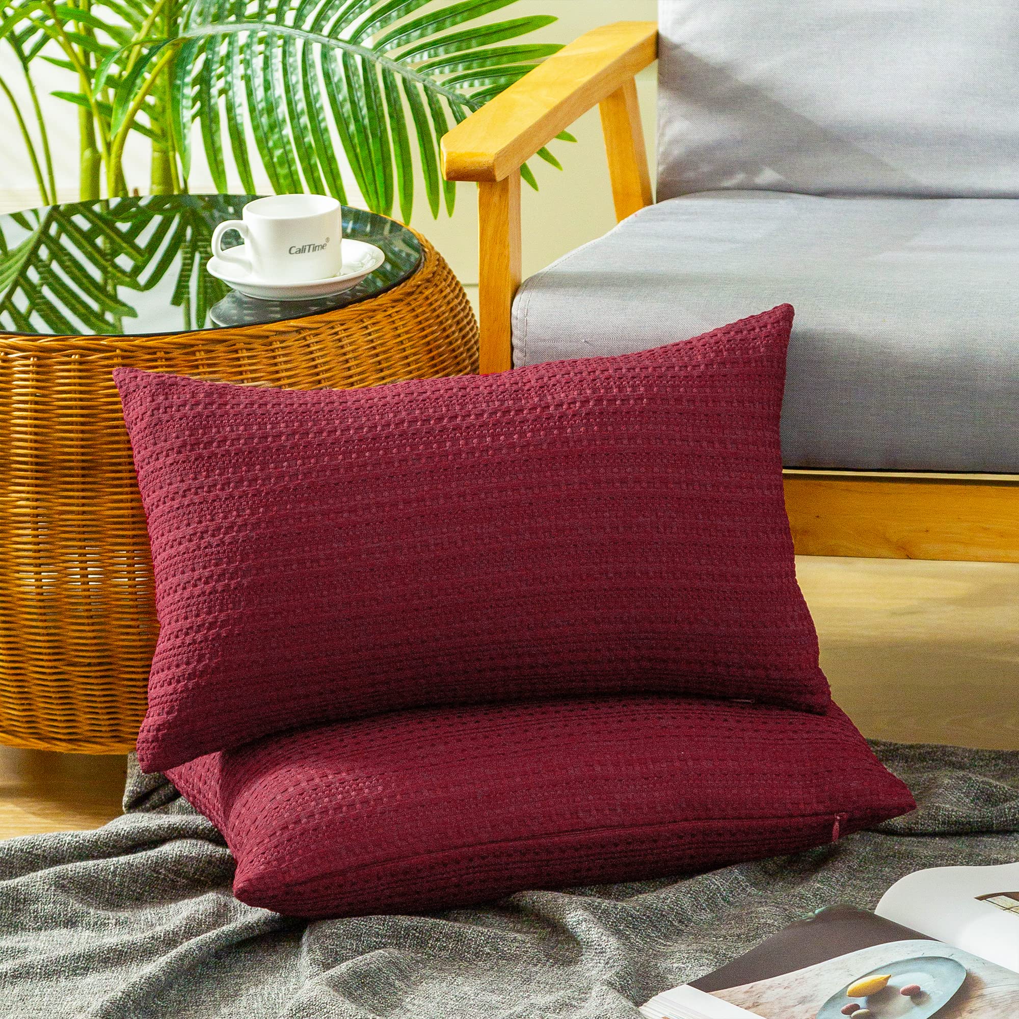 Premium Waffle Weave Throw Pillow Covers Set of 2 - Soft Textured Cushion Cases 12x20 Inches Burgundy for Sofa, Couch & Farmhouse Decor - Cozy Living Room & Bedroom Accent Pillows