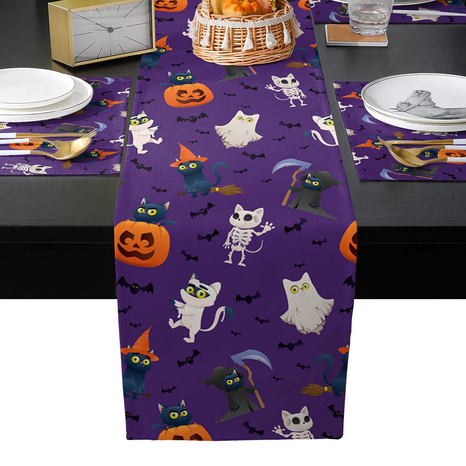 Halloween Table Runner and Placemats Set - 90 Inch Heat Resistant Cotton Linen Dining Table Runner with 4 Washable Placemats - Pumpkin Black Cat Ghost Purple Theme for Home Kitchen Decor - Perfect for Halloween Parties, Fall Dining, and Seasonal Home Decoration