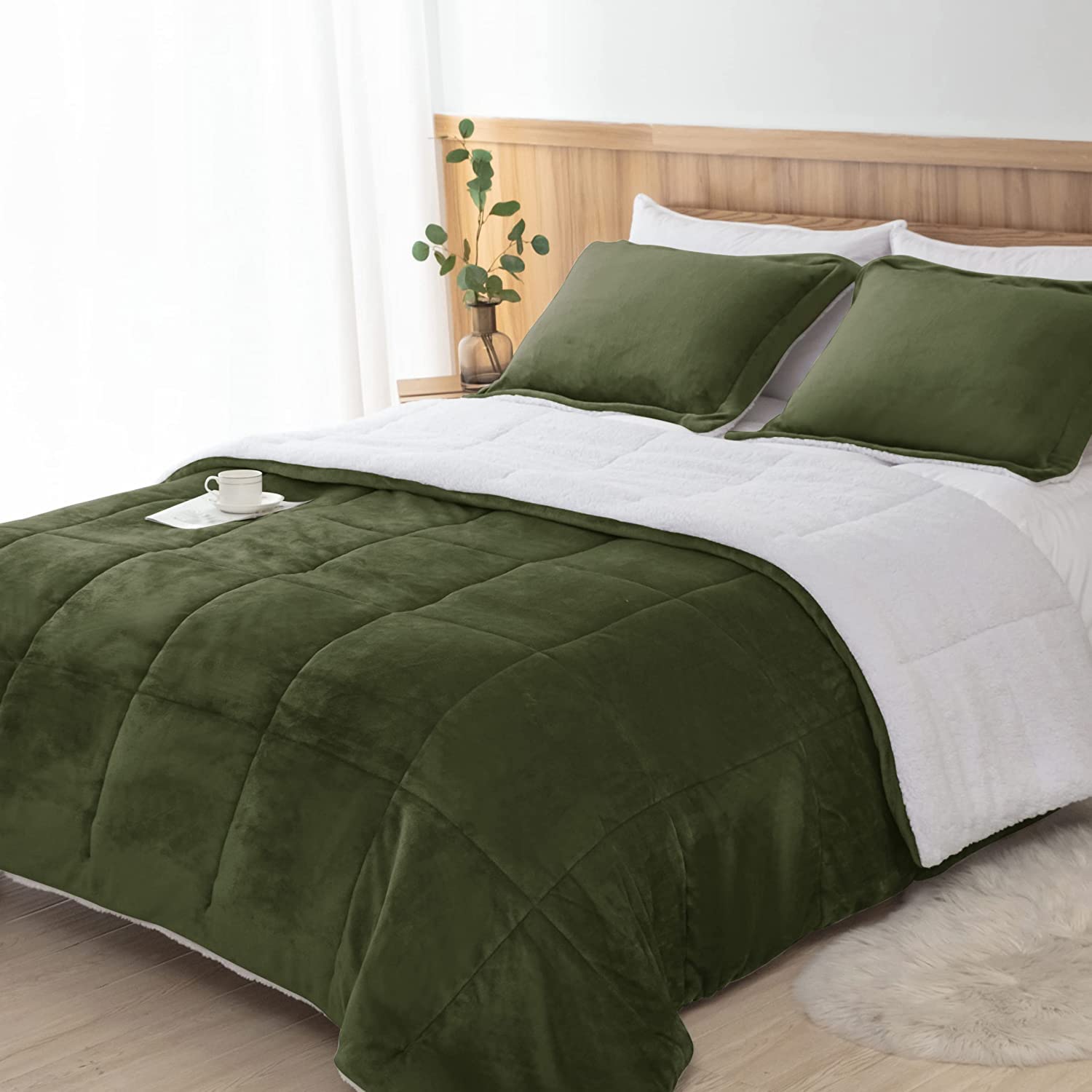 Seward Park Olive Green Sherpa Comforter Set - Twin XL Size All-Season Soft Warm Fleece Blanket - Winter College Dorm Bedding with 1 Pillow Sham - Cozy Home Decor for Bedroom, Guest Room & Apartment