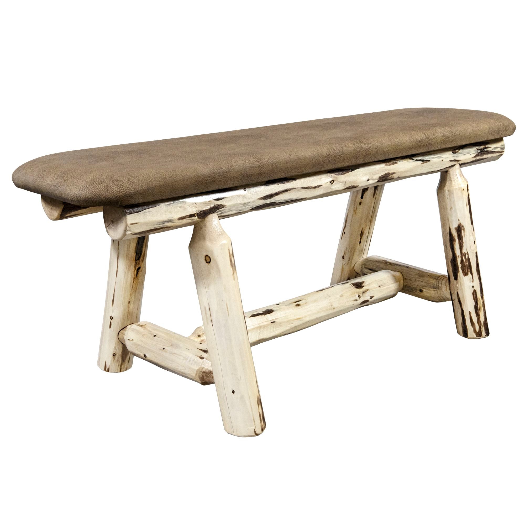 Montana Plank Style Bench 45 Inch - Rustic Wooden Bench with Buckskin Upholstery & Sturdy Metal Legs for Living Room, Bedroom, or Outdoor Patio Decor