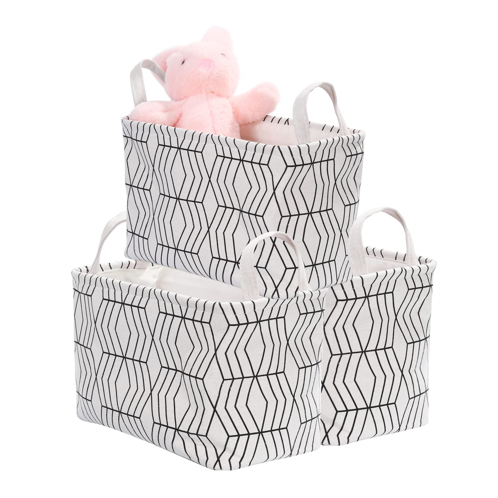 3 Pack Foldable Storage Baskets with Handles - Collapsible Closet Organizer Bins for Baby Nursery, Kids Room & Bathroom - Perfect for Toys, Clothes & Towels (Black & White) - Space Saving Home Organization Solution