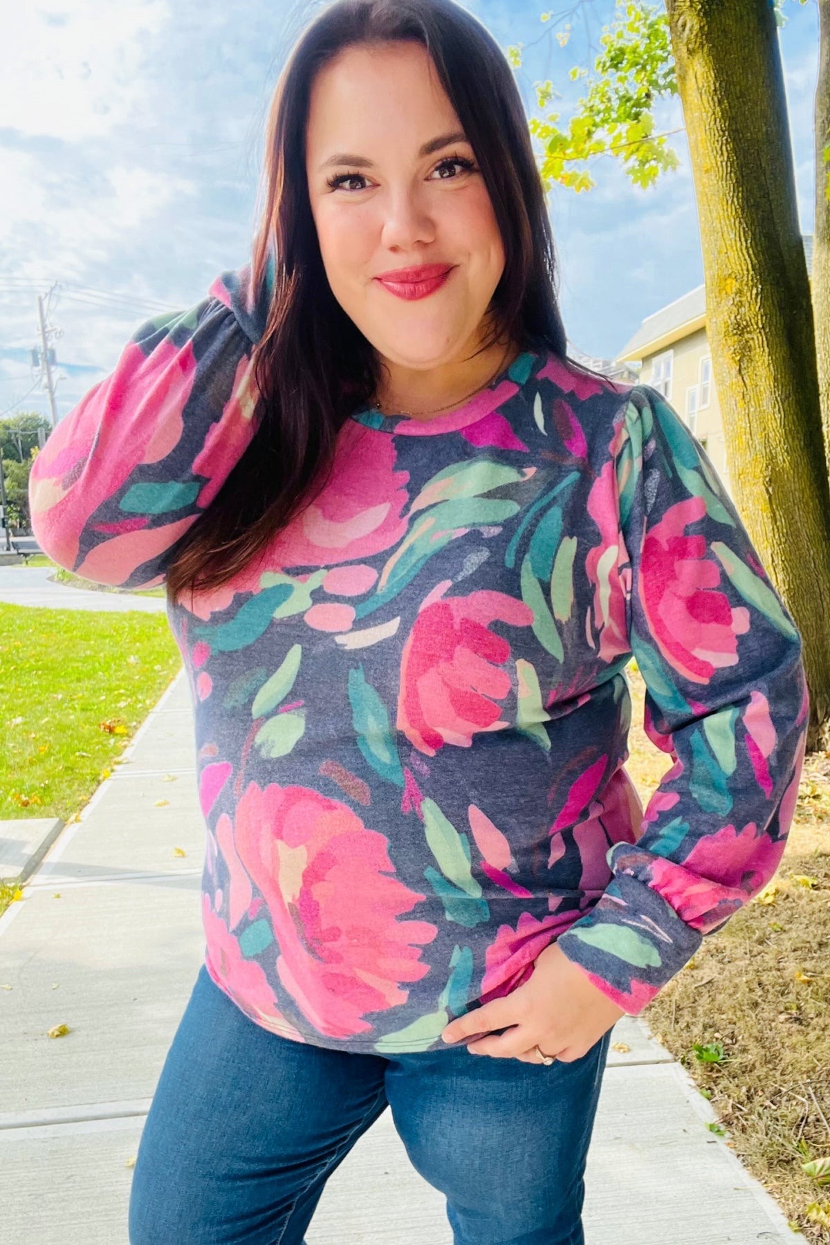 Navy Floral Brushed Hacci Sweater Top for Women - Soft Comfortable Knit Pullover for Fall & Winter | Perfect for Casual Outings, Office Wear & Date Nights