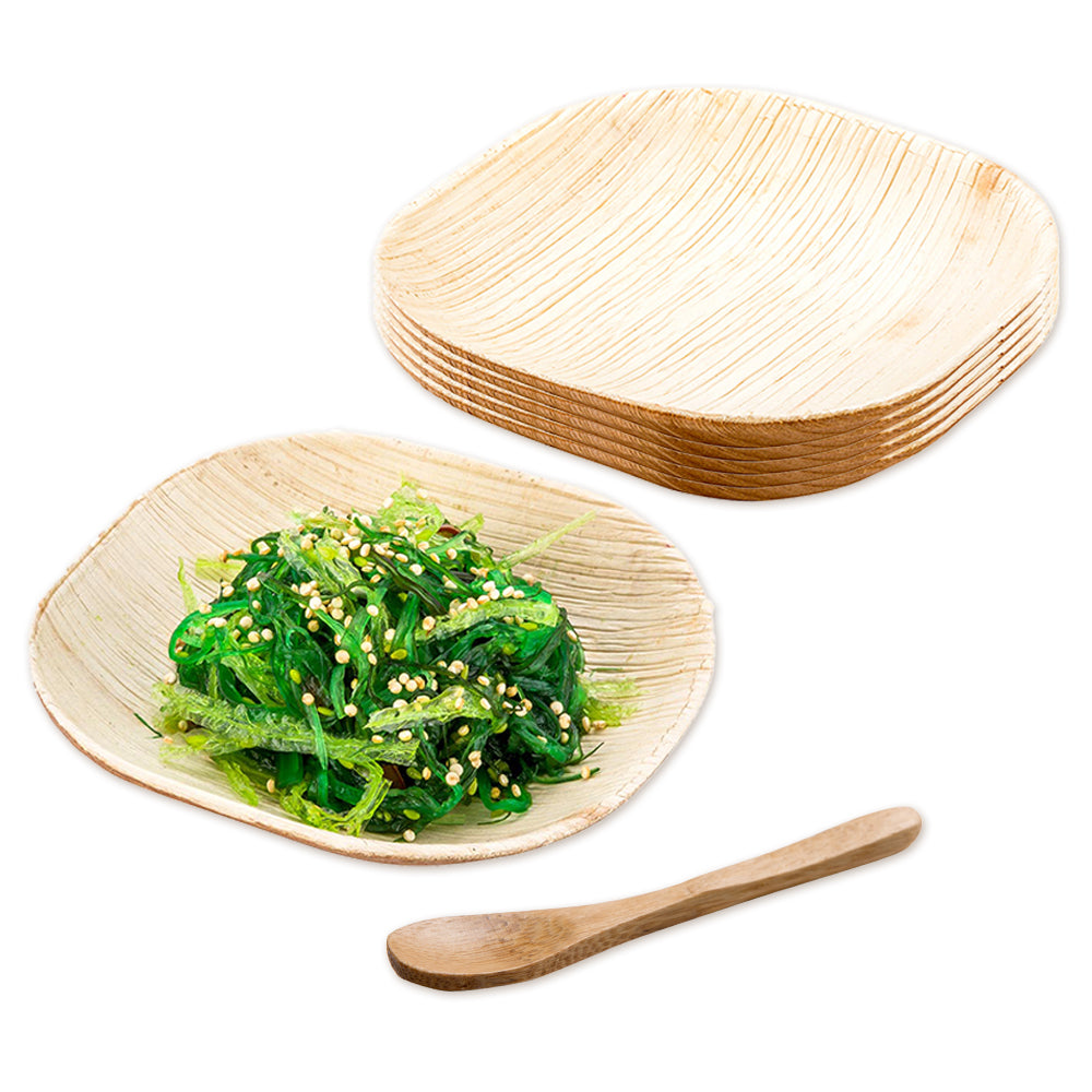 100-Pack Eco-Friendly Palm Leaf Plates & 100 Bamboo Mini Spoons 3.5