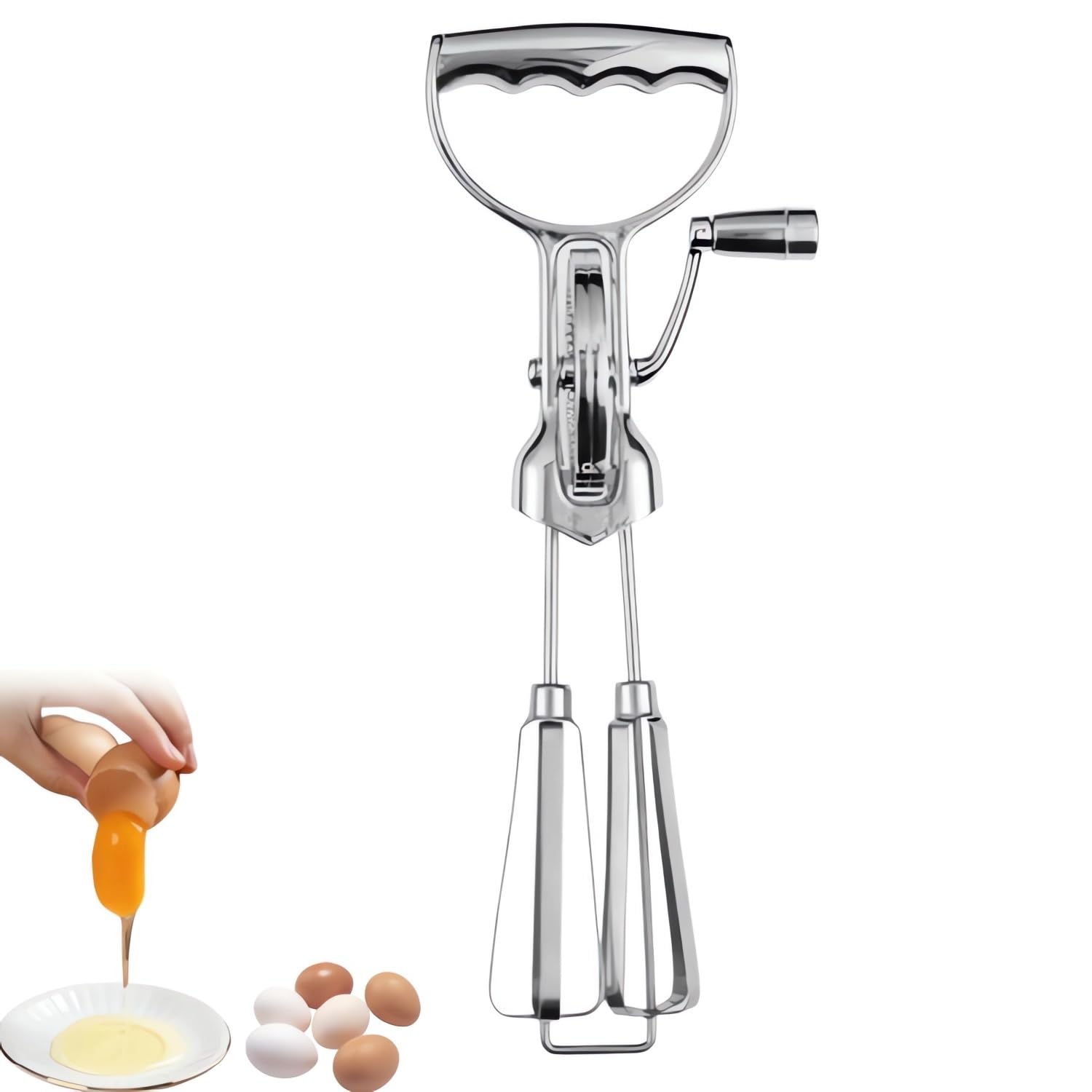 Stainless Steel Hand Crank Egg Beater - Rotary Whisk for Blending & Whisking | Easy-to-Use Labor-Saving Egg Mixer | Perfect for Baking, Cooking & Mixing Ingredients (Silver)