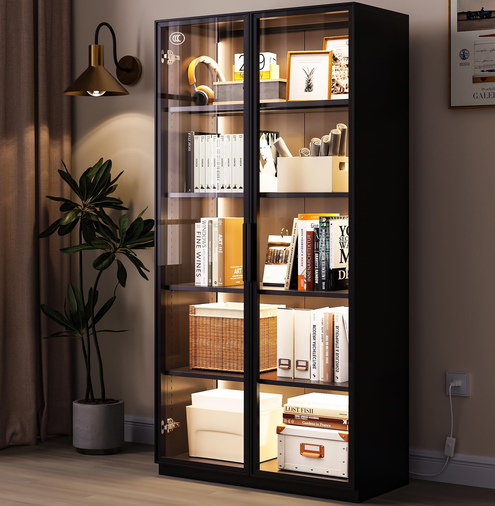 Glass Display Cabinet with LED Lights - 5-Shelf Dark Grey Curio Bookcase for Collectibles, Home Decor & Office Storage | Perfect for Living Room, Bedroom & Showroom Display