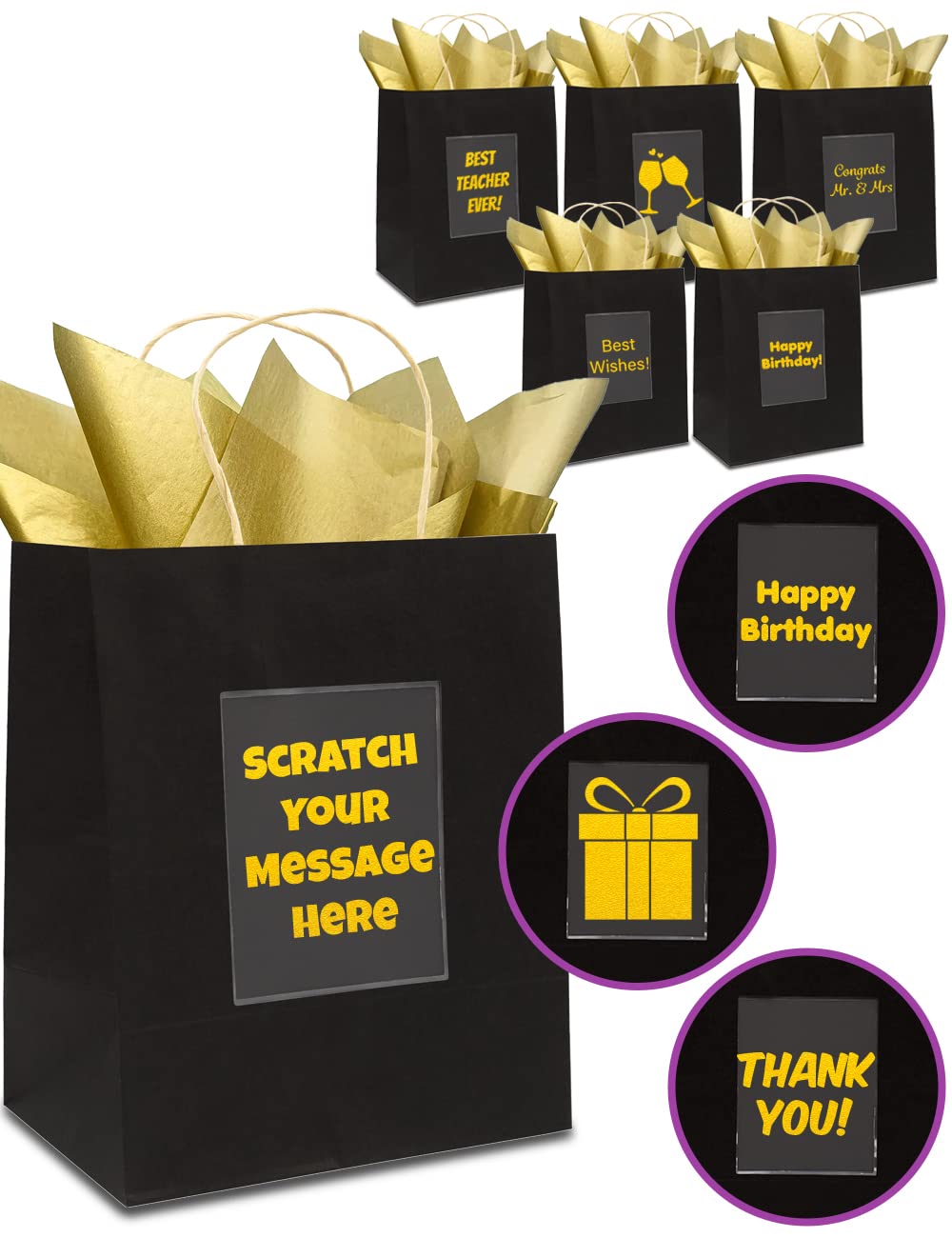 Premium Black & Gold Gift Bags with Handles - 6 Pack Elegant Party Favor Bags for Christmas, Birthday, Baby Shower & Wedding - Reusable Kraft Paper Welcome Bags for Goodie Bags, Holiday Gifts & Special Events