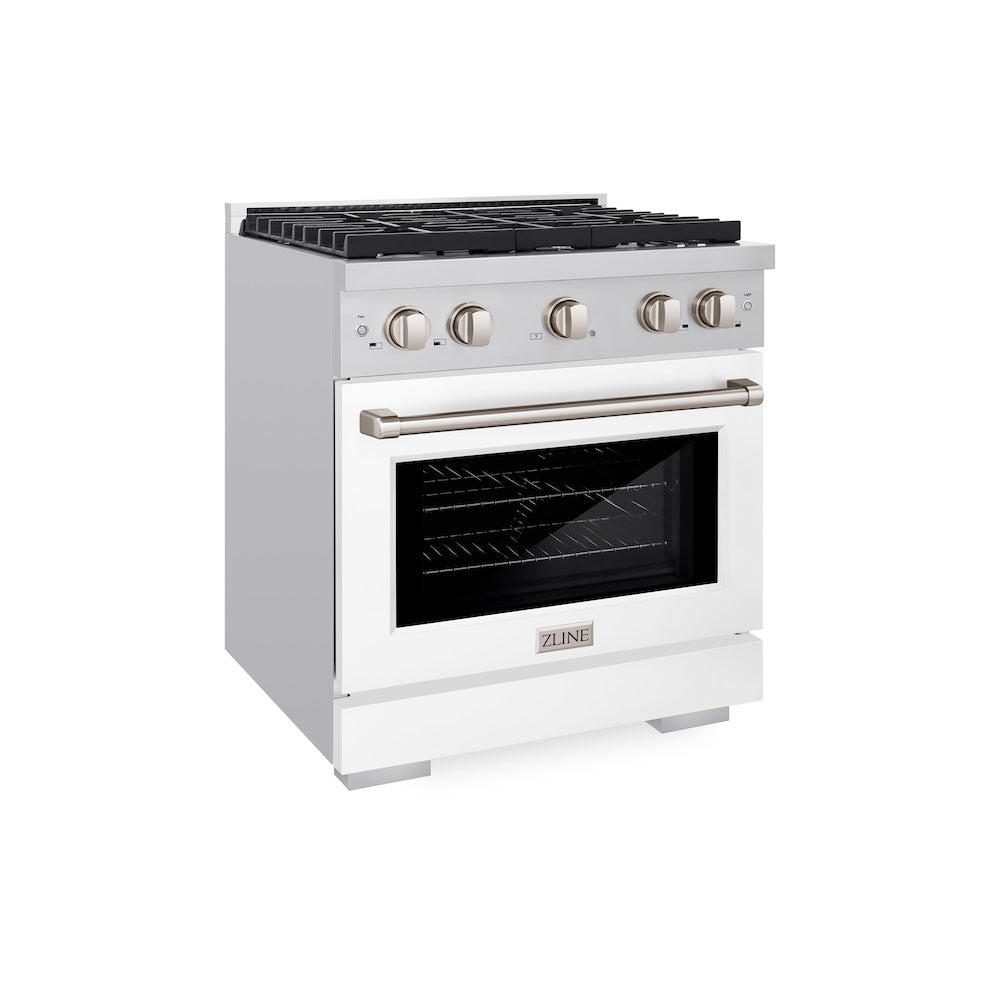 ZLINE 30-inch 4.2 cu. ft. Stainless Steel Gas Range with 4-Burner Cooktop & Convection Oven - White Matte Door (SGR WM 30) - Perfect for Modern Kitchens, Home Chefs & Entertaining