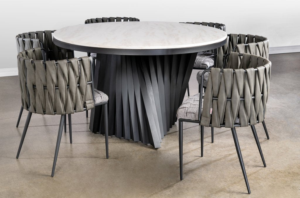 Modern Round Waterfall Dining Table Set for 6 with Gray Finish - Perfect for Small Space Dining Rooms & Outdoor Patios